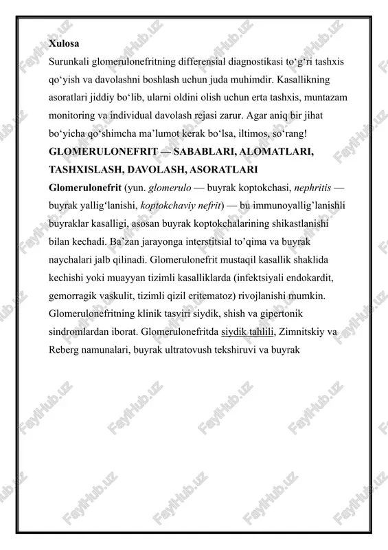 boshlanadi. bemor oqarib ketadi, uning qovoqlari shishgan bo’ladi. o’tkir glomerulonefritda dastlabki 3-5 kunda diurezning kamayishi kuzatiladi. keyin chiqariladigan siydik miqdori ortadi, ammo uning nisbiy zichligi kamayadi. glomerulonefritning yana bir doimiy va ajralmas belgisi — gematuriya (siydikda qon borligi). 83-85% hollarda mikrogematuriya rivojlanadi. 13-15% hollarda makrogematuriya rivojlanishi mumkin, bunda siydik uchun «go’sht yuvindisi» rangi xos bo’adi, ba’zida qora yoki to’q jigarrang bo’lishi mumkin. glomerulonefritning eng aniq belgilaridan biri — yuzning shishishi, u ertalab ifodalanadi va kun davomida kamayadi. shuni ta’kidlash kerakki, mushaklar va teri osti yog’ to’qimalarida 2-3 litrgacha suyuqlik to’planishi shishish kuzatilmasdan ham sodir bo’lishi mumkin. maktabgacha yoshdagi to’lacha bolalarda shishning yagona belgisi ba’zan teri osti kletchatkasining zichlashishi hisoblanadi. o’tkir glomerulonefritli bemorlarning 60 foizida gipertoniya rivojlanadi va og’ir holatlarda u bir necha hafta davom etishi mumkin. 80-85% hollarda o’tkir glomerulonefrit bolalarning yurak-qon tomir tizimini shikastlanishiga olib keladi. markaziy asab tizimi funktsiyasining buzilishi va jigar kattalashishi ehtimoli mavjud. o’tkir glomerulonefritning ikkita …