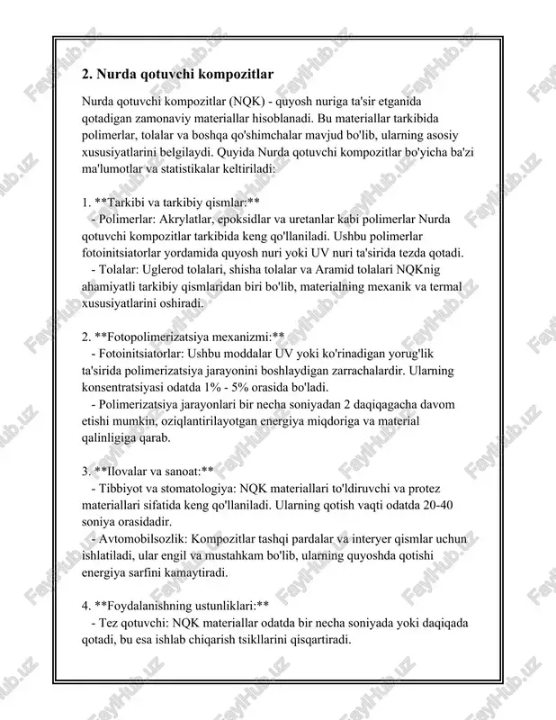 ilan. - o'sish bosqichi zanjirning yiriklashuviga olib keladi, bunda molekulyar og'irlik oshadi va polimerning fizik va kimyoviy xarakteristikalari yanada o'zgaradi. 3. **zanjirning tugatilishi (tugallanish bosqichi):** - bu bosqichda polimer zanjirining o'sishi tugatiladi. tugatilish uch xil yo'l bilan amalga oshirilishi mumkin: - **erkin radikallar birikishi:** ikkita erkin radikal birikib zanjirni tugatadi. - **tarqalish (disproportsion) reaksiyasi:** bir zanjirning radikali boshqa zanjirning vodorod atomini o'zlashtiradi. - **qattiqlanish (stabilizatsiya):** reaksiyaga kirishish imkoni bo'lmagan holatga kelishishi. polimerizatsiya jarayoni turli parametrlar va sharoitlar ta'sirida katalizlanishi, tezlanishi yoki sekinlashishi mumkin. har bir bosqich uchun optimal harorat, bosim va reaktiv miqdorlari alohida o'rganib chiqiladi. misol sifatida polietilen ishlab chiqarish jarayonini ko'rish mumkin. bu jarayonda yuqori bosim va haroratda etilen gazi polimerlanib, polietilen hosil bo'ladi. polimerizatsiyaning jarayon parametrlari bir necha yuz kelvin harorat va yuqori bosim oralig'ida saqlanadi. polimerizatsiya jarayonlari yana ikki asosiy turga ajratiladi: - **zanjirli polimerizatsiya:** yuqorida bayon qilingan bosqichlarni o'z ichiga oladi va u erkin radikal, …