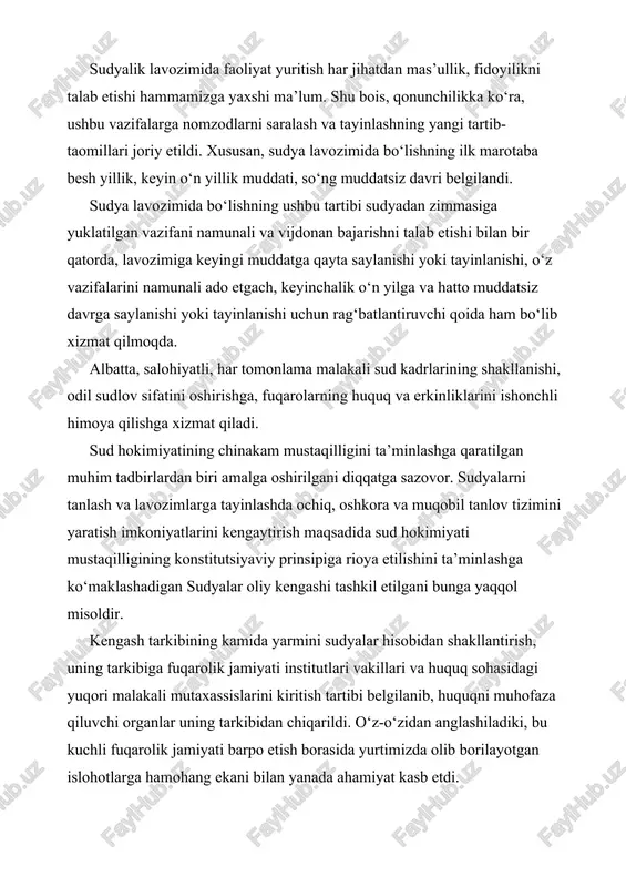 funksiyalarni bartaraf etishga hamda yagona sud amaliyotini shakllantirishga olib keldi. bundan tashqari, viloyat va unga tenglashtirilgan sudlar birlashtirildi. viloyat va unga tenglashtirilgan fuqarolik ishlari bo‘yicha, jinoyat ishlari bo‘yicha sudlar va iqtisodiy sudlar negizida sudyalarning qat’iy ixtisoslashuvini saqlab qolgan holda viloyat darajasidagi umumyurisdiksiya sudlari tashkil etildi. albatta, bularning barchasi sud himoyasini ta’minlashdagi ortiqcha byurokratik to‘siqlarni bartaraf etish, shu bilan birga, sud organlarining amaldagi tuzilishini zamon talablari va xalqaro standartlarga muvofiqlashtirishda katta rol o‘ynadi. bir suz bilan aytganda, sud hokimiyatida olib borilgan institutsional o‘zgarishlar mamlakatimizda sudlarning chinakam mustaqilligini ta’minlash, fuqarolarning huquq va erkinliklarini himoya qilish kafolatlarini kuchaytirish hamda odil sudlovga erishish imkoniyatlarini kengaytirishga qaratilgani bilan ahamiyatlidir. o'zbekistonda sud tizimi 1. amaldagi qonun 2. o‘zbekiston respublikasi xo‘jalik sudlarining vakolati va yurisdiksiyasi 3. o‘zbekiston respublikasi oliy sudi 4. qoraqalpog‘iston respublikasi sudi, viloyatlar va toshkent shahar sudlari 5. tumanlararo, tuman, shahar xo‘jalik sudi 6. da'vo arizasi berish tartibi 7. iqtisodiy sudlarga berilgan arizalar uchun davlat …