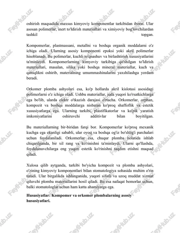 bo'lishlari zarur. ular stomatologlar tomonidan tishlarni to'ldirish va ta'mirlash jarayonlarida keng qo'llaniladi va dental sog'liqni saqlashning muhim bir qismidir. shu sababli, bu materiallarni tanlashda ularning barcha xususiyatlarini chuqur tahlil qilish muhimdir. foydalanish: kompomer va orkomer plombalarining dental amaliyotda qo'llanilishi. kompomer va orkomer plombalari zamonaviy stomatologiyada keng qo'llaniladigan materiallardir. ular muayyan sharoitlarda o'zlarining moslashuvchanligi va o'tkazuvchanligi bilan tanilgan. komposit plombalar asosan smola, kumush va ko'plab boshqa moddalar aralashmasidan iborat bo'lib, naycha shaklidagi to'p yoki kukun ko'rinishida taqdim etiladi. bu materiallar estetik jihatdan jozibali bo'lib, tish rangiga mos ravishda tayyorlanishi mumkin. ular juda mustahkam va uzoq muddatli natijalar beruvchi plombalardir. orkomer plombalari esa, asosan, ho'l sharoitlarda ishlatiladi. ular maxsus ishlab chiqarilgan modellarda tayyorlanadi va tishlarning ichki tuzilmalariga wetability imkoniyatini oshirish uchun yaratilgan. bu plombalar yuqori kuch bilan ajralib turadi va zarar ko'rgan tishlarni tiklashda samarali bo'ladi. kompomer plombalari asosan vaqtincha tuzatishlar uchun qo'llaniladi. ular tezda ushlanadi va bemorni uzoq vaqt kutishdan qutqaradi. …
