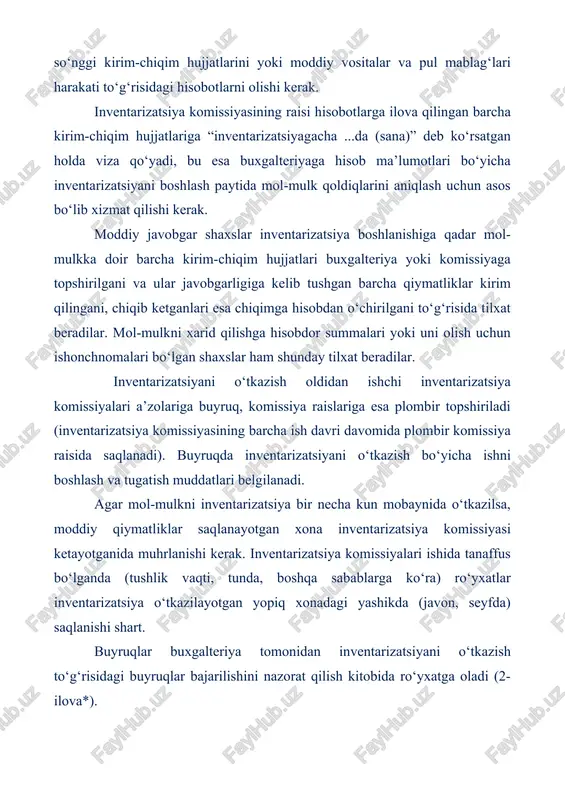 ayli yuz bergani xususidagi tushuntirishlari ombor, omborxona, shu’ba ochilguniga qadar qabul qilinadi. ishchi inventarizatsiya komissiyasi ko‘rsatilgan faktlarni tekshirishni amalga oshiradi va ular tasdiqlangan holda aniqlangan xatolarni belgilangan tartibda tuzatadi. xo‘jalik yurituvchi subyektlar rahbarlari tovar-moddiy qiymatliklar va pul mablag‘larining to‘g‘ri hamda o‘z vaqtida o‘tkazilishi va ularning kutilmaganda o‘tkazilishini ta’minlash uchun javobgardir. ular qiymatliklarning haqiqatda mavjudligini qisqa muddatlarda to‘liq va aniq tekshirishni ta’minlaydigan sharoitlarni yaratib berishlari shart. bosh buxgalter tegishli bo‘linmalar va xizmatlar rahbarlari bilan birgalikda inventarizatsiya o‘tkazishning belgilangan qoidalariga rioya etilishini sinchiklab nazorat qilishga majbur. . tovar-moddiy qiymatliklarni inventarizatsiyasi bilan bir vaqtda xo‘jalik yurituvchi subyektning buxgalteriyasi barcha tegishli schyotlar bo‘yicha yozuvlarni korrespondensiyalanuvchi schyotlar bilan qiyoslagan holda tekshirishi kerak. masalan, asosiy vositalar bo‘yicha (kapital qo‘yilmalarning tegishli schyotlari bilan kelishtirilgan holda) foydalanishga qabul qilingan barcha obyektlar hisobga olinganligi; tovar-moddiy qiymatliklar bo‘yicha — barcha kelib tushgan qiymatliklar kirim qilinganligi, chiqib ketganlari esa hisobdan chiqarilganligi va hisobda aks ettirilganligi; tugallanmagan ishlab chiqarish bo‘yicha — barcha …
