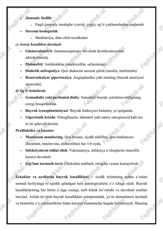 i tashxisi bilan kasalxonaga tushganda bilishadi. gap shundaki, buyraklar normal ishlamay qo’yganda, qonda kalsiy miqdori keskin ravishda oshadi, kalsiy esa qon tomir devorlarida cho’kib, to’planish xususiyatiga ega. buning natijasida qon tomir bo’shlig’i torayadi. shu sababli, buyrak yetishmovchiligi bo’lgan bemorlarning ko’proq qismi 30-40 yoshida vafot etadi. bunday holatda o’lim sababi yurak-qon tomir kasalliklari hisoblanadi. har qanday mamlakat byudjeti uchun buyrak kasalliklari bilan og’rigan bemorlarni davolash juda qimmatga tushadi. masalan, gemodializ muolajasi narxi turli joylarda farqi bilan 50-100 aqsh dollari ekvivalentidagi summani tashkil qiladi, bu muolajani bemor haftasiga uch marta olishi kerak. shuning uchun ham har bir bemor davolanishga qodir bo’lmaydi. shunday qilib, har million kishidan faqat 212 nafari ishonchli gemodializ bilan ta’minlanadi. bundan tashqari, muolajani faqat yetarli miqdorda byudjetli hududlarda olish mumkin. xuddi shu narsa buyrak transplantatsiyasi uchun ham o’rinli. buyrak patologiyasi bilan og’rigan bemorlarda kasallik o’z vaqtida aniqlansa, davolash ham samarali, ham arzonroq bo’ladi, shuning uchun yiliga bir marta buyraklar …