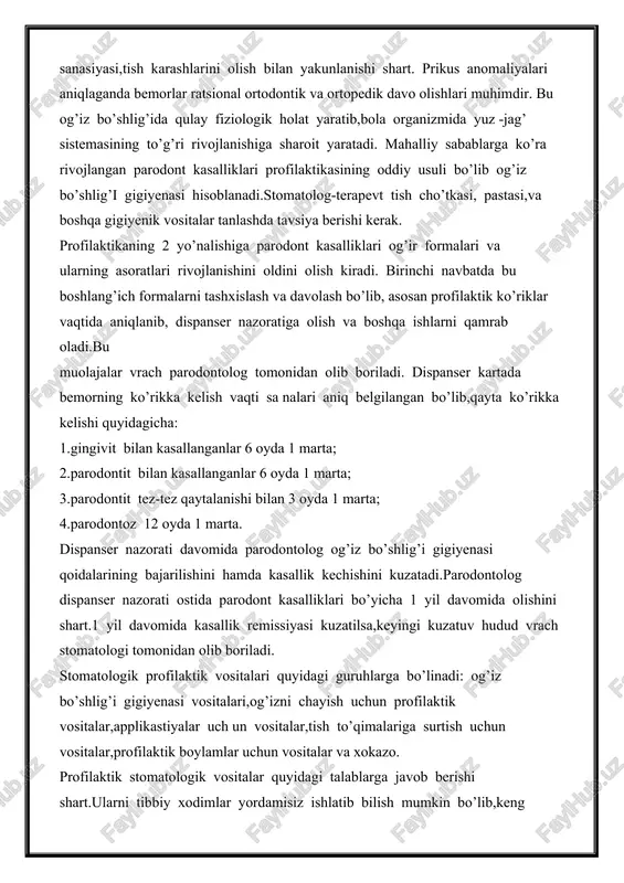 vositalar,tish to’qimalariga surtish uchun vositalar,profilaktik boylamlar uchun vositalar va xokazo. profilaktik stomatologik vositalar quyidagi talablarga javob berishi shart.ularni tibbiy xodimlar yordamisiz ishlatib bilish mumkin bo’lib,keng ommaviy amaliyot uchun qulayligi muhim ahamiyatga ega. remineralizastiyalovchi profilaktika. tishlar kariesi profilaktikasida muhim ahamiyatga ega bo’lib tish to’qimalari rezistentligini oshirishga asoslangan.emal remineralizastiyasi jarayonlari emalning o’tkazuvchanligini va uz tarkibini qayta tiklash xususiyatiga asoslangan. karies boshlang’ich stadiyasida emalning yemirilgan gidroksiapplatitlar kristallarining ca,p.f mineral ionlarini emalning turli qatlamlarida biriktirib olib ularning qayta shakllanishiga oli b keladi.intakt emalga mineral ionlar kamrok miqdorda va sekinrok utadi. remineralizastiyalovchi vositalar tarkibiga emal gidrosiftor apatitlarning tarkibiy qismi hisoblanishi ca tuzlari,ftoridlar va fosfatlar asosiy o’rin tutadi. remineralizastiyalovchi profilaktika muolajasi tishlar gigiyenik pasta bilan tozalangach o’tkaziiladi.tishlar paxtali bolishchalar bilan chegaralanib,10% ca glyukonat eritmasi bilan oldin yuqori so’ngra pastki jag’ tishlarining chaynov yuzalari,so’ngra lab va lunj yuzalariga appli kastiya qilinadi.applikastiya 5 -6 minut davomida etadi. ca glyukonat applikastiyasidan so’ng xudi shu yo’l bilan 2% -li naf …