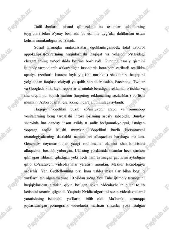 s berayotganini jamiyatda sodir bo‘layotgan voqeahodisalardan juda yaxshi anglash mumkin. media va axborot savodxonligi konsepsiyasi umuminsoniy huquqlarga asoslanadi hamda ayrim shaxslar, jamoalar va butun millatlar so‘z erkinligi huquqi va axborotdan foydalanish erkinligi huquqidan foydalanishining asosiy sharti deb hisoblanadi. inson huquqlari umumjahon deklarasiyasining 19-moddasida qayd etilishicha, ―har bir inson e‘tiqod erkinligi va uni erkin ifoda qilish huquqiga ega; bu huquq hech bir to‘siqsiz o‘z e‘tiqodiga amal qilish erkinligini hamda axborot va g‘oyalarni har qanday vosita bilan, davlat chegaralaridan qat‘i nazar, izlash, olish va tarqatish erkinligini o‘z ichiga oladi. ushbu tamoyildan kelib chiqib, yunesko ta‘kidlaydiki, media-axborot savod-xonligi konsepsiyasi dunyoning barcha mamlakatlari fuqarolariga to‘la ma‘noda ushbu asosiy inson huquqidan foydalanish imkonini beradi. yuneskoning media va axborot savodxonligi to‘g‘risidagi nashrlarida ta‘kidlanadiki, ―media va axborot savodxonligini o‘zlashtirgan fuqarolar: 1)tegishli texnologiyalardan foydalangan holda axborot va mediakontentni olish, baholash, yaratish va tarqatish layoqatiga ega bo‘ladi. bu odamlar: 2)o‘zlarining axborot va oav bilan ishlash sohasidagi huquqlarini, shuningdek, o‘z …