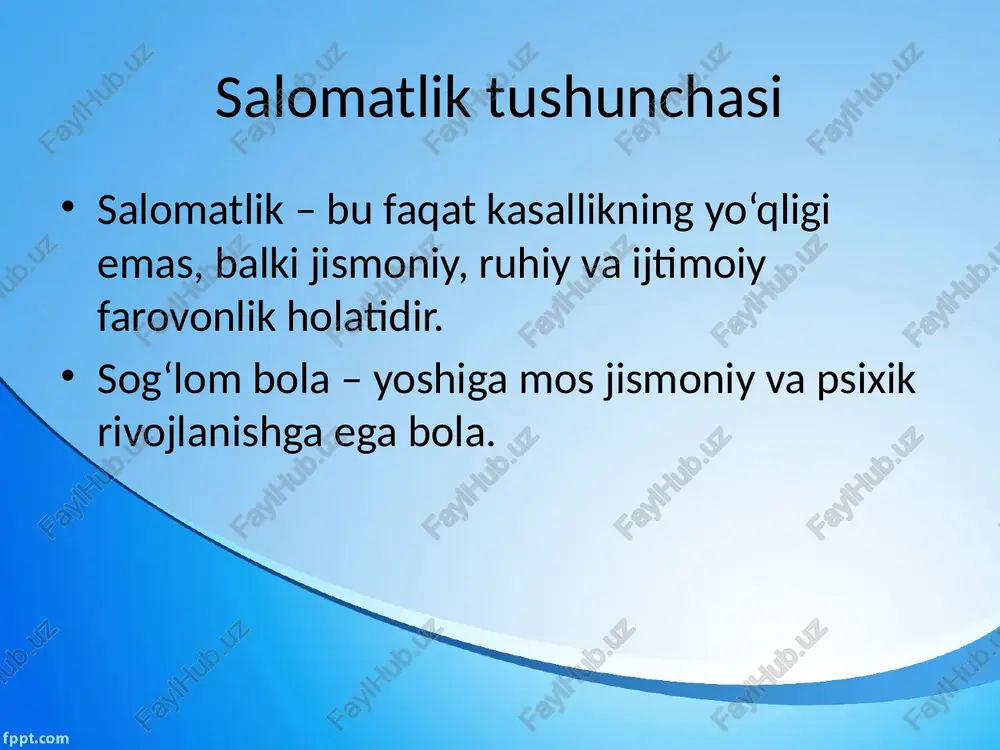 ta aniqlash orqali kasalliklarning oldi olinadi tibbiy-profilaktik ishlar salomatlik guruhlariga qarab olib borilishi zarur yangi sanpin talablariga qat’iy amal qilish image3.jpeg image4.png image5.jpeg image6.jpeg image7.jpeg image8.jpeg image9.jpeg image10.jpeg image11.jpeg image12.jpeg image13.jpeg image14.jpeg image15.jpeg image1.jpg 20:00 0,25 kb/e 8 at wh h+ jaf) com 41% odam va uning salomatligi q 154 / 160 r4- rasm. efmadigan holanine umurtaa noo‘onasida anatomik cw je ay om ( bn277087 /docprops/thumbnail.jpeg tibbiy profilaktika ishi yo'nalishi 1 -kurs 724-guruh talabas! borotov xurshidning mutahasislikka kirish fanidan tayyorlagan taqdimot