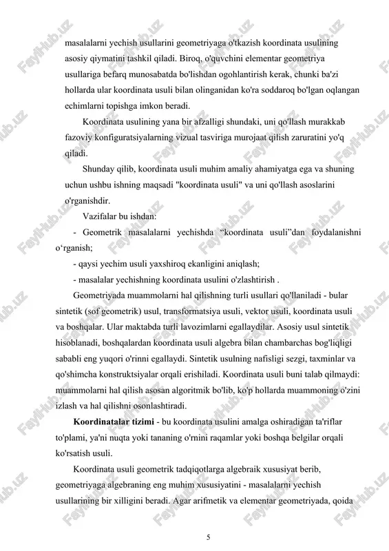 shganda “boy mevalar” hosil qiladi, agar ular alohida qolsa, hosil qila olmaydi. ba'zi hollarda koordinata usuli isbotlar qurish va ko'plab masalalarni sof geometrik usullardan ko'ra oqilona va chiroyli hal qilish imkonini beradi. biroq, koordinata usuli bitta geometrik murakkablik bilan bog'liq. xuddi shu masala koordinatalar tizimini tanlashga qarab boshqa analitik tasvirni oladi. va faqat etarli tajriba koordinata tizimini eng to'g'ri tanlash imkonini beradi dekart to'rtburchaklar koordinatalar tizimi dekart to'rtburchaklar koordinata tizimini qurish dekart to'rtburchaklar koordinata tizimini tekislikda qurish tekislikdagi dekart to'rtburchaklar koordinatalar tizimi ox 1 va ox 2 o'zaro perpendikulyar ikkita koordinata o'qlari tomonidan hosil bo'lib, ular koordinata deb ataladigan o nuqtada kesishadi (1-rasm). har bir o'qda ijobiy yo'nalish tanlanadi, o'qlar bilan ko'rsatilgan va o'qlardagi segmentlar uchun o'lchov birligi. o'lchov birliklari odatda barcha o'qlar uchun bir xil bo'ladi (bu majburiy emas). o'ng qo'l koordinata tizimida o'qlarning musbat yo'nalishi shunday tanlanadiki, ox 2 o'qi yuqoriga yo'naltirilganda, ox 1 o'qi o'ngga qaraydi. ox …