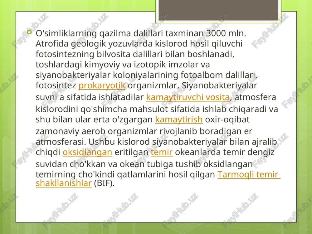 ik dunyosi muhim funksiyani bajarishi bilan xaraktyerlanadi. u tabiiy atrof muhit muvozanatini saqiab turib, undagi tirik mavjudotni yashash uchun muhim bo`lgan kislorod etkazib beradi. shuningdek, o`simlik dunyosi yerni suv va shamol eroziyasidan, quyosh nuridan saqlashda, suvni muhofaza etishda muhim rol `o`ynaydi. o`simlik dunyosi ekologik vazifadan tashqari xo`jalik ehtiyojlarini qondirishda ham muhim xom ashyo manbai sifatida xizmat qiladi. undan sanoat, qishloq xo`jaligi, tabobat, sog`lomlashgirish, ilm-fan maqsadlarida keng foydalaniladi. o`simlik dunyosi yog`och, meva, dori-darmon, pichan tayyorlashda muhim manba bo`lib hisoblanadi. o`simlik dunyosi ob`ekglarining ana shu ekologik hamda xo`jalik ehtiyojlari vazifasining bajarish yo`nalishlaridan kelib chiqib, ularga nisbatan huquqiy holat o`rnatiladi. masalan, o`rmonlardan foydalanish va ularni muhofaza qilish bo`yicha munosabatlari belgilangan huquqiy holatga nisbatan, kamyob va yo`qolib ketish xavfi ostida turgan o`simlik turlaridan foydalanish tartibiga belgilangan huquqiy holat farq qilishi mumkin. yoki ilmiy maqsadlarda foydalaniladigan o`symlik dunyosi ob`ektla-rining huquqiy holati yovvoyi organizmlardan topgan tabiiy o`simliklar jamoalariga belgilangan huquqiy holatidan boshqacha bo`lishi mumkin. qobig ay …