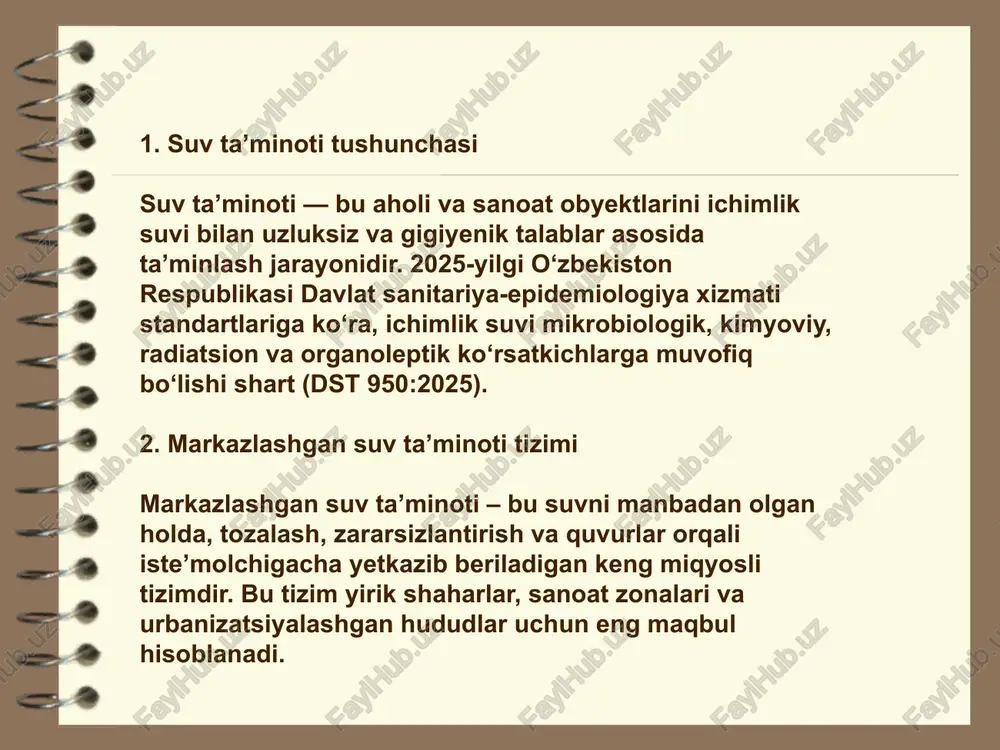 lib, uning tagiga qo‘yilgan shriftni o‘qish mumkin bo‘lgan suv ustu- nining balandligidir (bosmada aniq yozilgan harflar yoki sonlar). suvning tiniqligini aniqlash uchun tekshiriluchii suv maxsus silindr (maxsus suv to‘kish jo‘mragi bo‘lgan snellen silindri)ga suv solinadi. silindri tubiga 2,5-4 sm masofada shrift qo‘yiladi va silindr yuqorisidan suv ustuni orqali shriftni o‘qiladi. agar harf yoki raqamlar o‘qilmasa jo‘mrak orqali harflar ko‘ringuncha suv to‘kiladi. chizg‘ich yordamida silindrdagi suv ustuni o‘lchanadi va bu suvning tiniqligi bo‘ladi. sifatli ichimlik suvi uchun suvning tiniqligi 30 santimetrdan kam bo‘lmasligi kerak. xulosa: suv – inson hayoti va salomatligi uchun eng muhim resurslardan biridir. aholini sifatli va xavfsiz ichimlik suvi bilan ta’minlashda markazlashgan hamda mahalliy suv ta’minoti tizimlari muhim rol o‘ynaydi. markazlashgan tizimlar katta miqyosda va barqaror ta’minot imkonini berar ekan, mahalliy tizimlar esa chekka hududlarda, kichik aholi punktlarida muhim yechim bo‘lib xizmat qiladi. har ikkala tizimni to‘g‘ri loyihalash, tozalash usullaridan oqilona foydalanish va texnik xizmatni ta’minlash orqali suv …