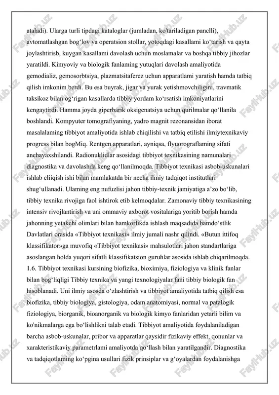 lga oshirish osonlashtirildt mavjud boigan va qayta ishlab cliiqarilayotgan tibbiyot texnikasiga elektron texnikasi, ayniqsa mikroprotsessorlar jadallik bilan tatbiq etilmoqda. ular diagnostikasini tezlashtirishga va davolash profilaktik chora-tadbirlarni o‘tkazishga, fundamental va amaliy ilmiy tadqiqot ishlarini olib borishga imkon beradi. zamonaviy elektron lusoblash mashinalaridan tcz tibbiy yordamni tashkil qilishda aholini dispanserizatsiya qilishda, qabul boiim i ishini optimizatsiyalashda, butun davolash jaiayoni, laborator diagnostika, shifoxona ichidagi simli va radioaloqani tashkil qilishda foydalanilmoqda, biotexnik sistemadan esa qoi-oyoqlar protezini tayyorlashda foydalaniladi. turli xildagi endoprotezlar yurak klapanlari va bo‘g‘im protezlari, sun’xy yurak va kardiostimulyatorlar, keratoprotezlar ishlab chiqish va ulami klinikada tatbiq ctishda juda katta yutuqlarga erishildi. davolash amaliyotida magnitli qurilmalar keng tarqalmoqda. xx asming 20- yillaridayoq tibbiy magnitlar oftalmologiyada ko'zdan vovmetall jismlarni chiqarib olishda qoilanilgan. 50-yillarda xirurgiyada tatbiq etilgan (masalan, suyaklami lciionetruktib operatsiya qilinganda), turli xildagi magnit qurilmalari 15 fizioterapiyada qomlanilmoqda, bu yutuqlar magnitoterapiya usullanii yaratishga imkon yaratdi. turli kategoriyadagi tibbiyot xodimlarining ishini yengillashtiradigan va kasallaming statsionardagi sharoitini …