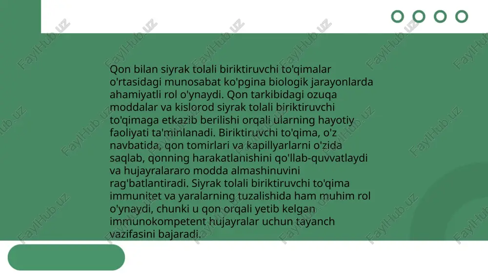 ga solish va himoya mexanizmlarini qoʼllab-quvvatlash. siyrak tolali biriktiruvchi toʼqima esa, kollagen va elastin tolalari orqali organlar va toʼqimalarni birikadi va himoya qiladi. ushbu toʼqimalar birgalikda ishlaydi, chunki qon tomirlari siyrak tolali biriktiruvchi toʼqima orqali oʼtib, oziqa va kislorodni to'qimalarga yetkazadi, moddalar almashinuviga koʼmaklashadi va organizmning immun javobini kuchaytiradi. ... t.me/slaydai_bot qon va siyrak tolali biriktiruvchi to'qimalar oʻzaro aloqa orqali tana uchun muhim vazifalarni bajaradi. kollagen va elastin tolalari mustahkam relyef hosil qilgan holda to'qimalarning elastikligi va mustahkamligini taʼminlaydi. kollagen asosan kuchlanishga chidamli bo'lib, to'qimalarni mustahkamlaydi, elastin esa egiluvchanlikni taʼminlaydi. qon orqali kislorod va oziq moddalar elastin va kollagen tolalari o'rtasida yetkaziladi, bu toʻqima yangilanishini va o'sishini ta'minlaydi. shu bilan birga, qon hujayralari zarur bo'lganda bog'lovchi to'qimalarning himoyalanishiga hissa qo'shadi. qon, kollagen va elastin o'rtasidagi bu sinergiya tana funktsiyalarining uzluksiz ishlashini qo'llab-quvvatlaydi. ... t.me/slaydai_bot qon-tomir tizimi va siyrak tolali biriktiruvchi to'qimalarning o'zaro munosabati juda muhimdir. qon-tomirlar orqali o'tadigan qon siyrak …
