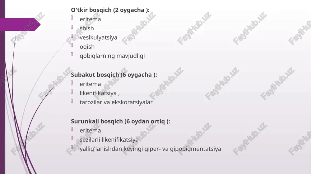 tugunli elementlar paydo bo'ladi. professional ekzema sanoat sharoitida tirnash xususiyati beruvchi moddalar bilan aloqa qilish natijasida yuzaga keladigan allergik teri kasalligi kasbiy allergik dermatitdan keyin monovalent sensibilizatsiya natijasida rivojlanadi terining ochiq joylari ta'sirlanadi: qo'llarning orqa qismi, bilaklar, yuz, bo'yin, kamroq tez-tez boldir va oyoqlar. vaqt o'tishi bilan haqiqiy ekzema uchun xarakterli belgilar paydo bo'ladi . kasbiy ekzemaning kursi uzoq davom etadi, ammo sanoat allergen bilan aloqani yo'q qilgandan keyin regressiya tezda sodir bo'ladi. har bir yangi alevlenme yanada og'irlashadi. in vitro (keskin ijobiy rtml va boshqalar) yordamida aniqlanadi . ekzemaning bakterial infektsiyaning qo'shilishi va teri ustida yiringli yallig'lanishning rivojlanishi eritrodermiya - bu tananing deyarli barcha terisini ta'sir qiladigan keng tarqalgan yallig'lanish. davolash keng qamrovli bo‘lishi kerak. psixo-emotsional va neyroendokrin kasalliklarni tuzatish va surunkali infektsiya o'choqlarini davolash kerak. atrof muhitda allergenlar va o'ziga xos bo'lmagan tirnash xususiyati beruvchi moddalar bilan bemorning aloqasini yo'q qilish kerak. o'tkir davrda qattiq hipoalerjenik parhezga rioya …