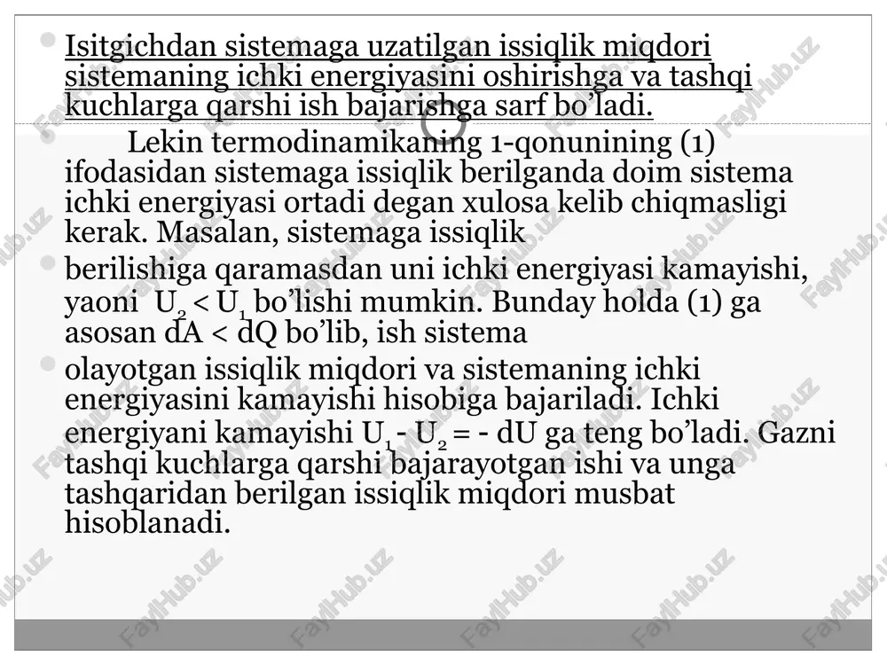 arayonlar mikroholatlarning o’sish yo’nalishida, yoki boshqacha qilib aytganda sistemani ehtimolligi maksimal bo’lgan holatga erishguncha, jarayonlar ehtimolligi kam holatdan, ehtimolligi katta bo’lgan holat yo’nalishida sodir bo’ladi. td ning ii-qonunining statistik maonosi shundan iboratki, berk sistemada yuz beruvchi qaytuvchan jarayonlar vaqtida sistemaning holat ehtimolligi ortadi, qaytuvchan jarayonlar vaqtida esa o’zgarishsiz qoladi. foydalanilgan adabiyotlar: 1 akademik litseylar uchun “fizika” (1-qism tursunmetov) 2 “umumiy fizika” (frish 2-tom) 3 akademik litsey va kasb – hunar kollejlari uchun fizika ( g’aniev 1-qism) 4 “umumiy fizika kursi” ( shahmaev) 5 m.ismoilov. oliy o’quv yurtiga kiruvchilar uchun, spravochnik.” 6 m.s. yunusov. “oliy o’quv yurtiga kiruvchilar uchun, spravochnik.” r 1 2 v1 v2 v 1-rasm. r v1 v=const v 2-rasm. izoterma adiabata r v1 v2 v 3-rasm. termodinamikaning birinchi qonuni termodinamika birinchi.qonunini ideal gazlardagi jarayonlarga tatbigi a 1. ikoxorik jarayon v,=v,.=const pr s/ ia ot, t, t o=au keltirilgan issiqlik ichki energiya o‘zgarishiga sarflanadi. 2 (— 3. iobarik jarayon …