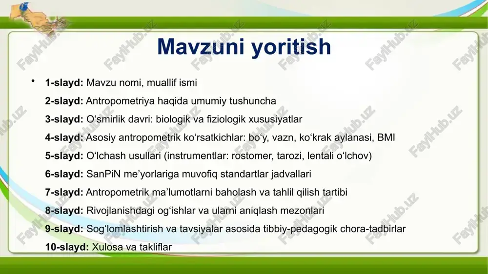 r). qiz bolalarning jinsiy rivojlanishini ifodalashda ko’krak bezining rivojlanganligi, menstruatsiya siklining boshlanish vaqti qo’shiladi (mas., r2, ax2 ma2, me13 - bu degani, tekshiriluvchi qiz bolada qov va qo’ltiq osti sohasida 2 darajalik rivojlanish, sut bezi ko’krakdan ko’tarilgan, menstruatsiya esa, 13 yoshdan boshlangan demakdir). e’tiboringiz uchun tashakkur! image2.jpeg image3.jpeg image4.jpeg image5.jpeg image6.jpeg image7.jpeg image8.jpeg image9.jpeg image10.jpeg image11.jpeg image12.jpeg image13.jpeg image14.jpeg image15.jpeg image16.jpeg image17.jpeg image18.jpeg image19.jpeg image20.jpeg image21.jpeg image22.jpeg image23.png image24.jpeg image25.png image26.jpeg image27.jpeg image28.jpeg image29.jpeg image30.jpg image1.jpeg 196) passion ru toshkent shahrida yashovchi maktab o’quvchilarida aniqlangan o'ts (millilitrlarda) [g.l.shayxova, 2005] bolaning o'7”'il bolalar qiz bolalar yoshi m b m ‘i 8 1676 301 1474 280 9 1802 374 1632 359 10 2000 360 1903 409 11 2230 410 2120 384 12 2480 380 2223 435 13 2620 550 2606 423 14 3250 677 2730 496 15 3670 729 3022 433 16 4170 630 3051 458 17 4153 614 3064 403 /docprops/thumbnail.jpeg