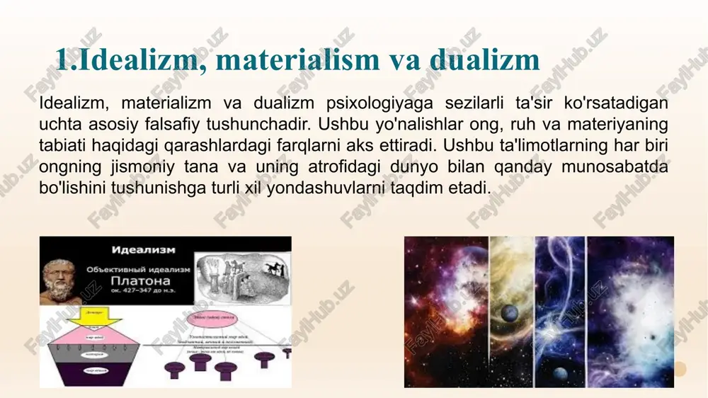 k yoki fiziologik materializm u jon va ruhga nisbatan yuqoridagi qarashni tiqishtiradi hamda moddiylik va gʻayrimoddiylikning oʻzaro tub farqini inkor etadi. 3. axloqiy materializm foydali narsalarni yoki manfaat uchun foydalanish mumkin boʻlgan qadriyatlarnigina eʼtiborga loyiq, deb hisoblaydi va mustaqil nomoddiy olamning mavjudligini inkor qiladi. 4. dialektik materializm — kommunistik davlatlarning rasmiy falsafasi, uning siyosati va fanining uslubiy asosi boʻlib xizmat qilgan. 19-asrda k. marks va f. engels tomonidan gegel dialektikasini yaxlit materialistok dunyoqarashga aylantirish asosida shakllangan hamda oʻz ichiga tarixiy materializm — tarixni materialistok tushunish nazariyasini olgan. odatda, materializm tushunchasi realizm (tafakkurga bogʻliq boʻlmagan va ongdan tashqarida mavjud boʻlgan reallik) maʼnosida ham qoʻllanadi. materializm oddiy qilib aytganda, vokelikni moddiy sababga asoslanib tushuntiruvchi taʼlimotdir. dualizm dualizm (lot. dualis – ikki yoqlama) – bir-biri bilan birlashtirib boʻlmaydigan holatlar, tamoyillar, fikrlash tarzi, dunyoqarash, intilish va gnoseologik tamoyillar yonma-yon mavjudligini targib qiluvchi taʼlimot. dualizm plyuralizm koʻrinishlaridan biri. dualizm terminini nemis faylasufi x. volf (1679— …