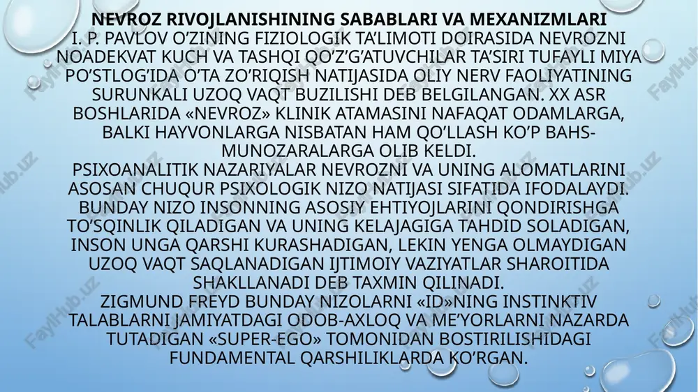 ing asosiy usuli psixoterapiya hisoblanadi. hozirgi vaqtda psixoterapevtik yordamning ko’plab yo’nalishlari va usullari mavjud. ular patogenik (nevrozning sabablari va uni shaxsda ushlanib turishi jarayoniga ta’sir ko’rsatadigan) va simptomatik yoki yordamchi (ular faqat patogenik uslublar bilan birgalikdagina samarali bo’lib, o’zlari faqat alomatlarni yengillashtiruvchi vaqtinchalik ta’sir ko’rsatadi) turlarga bo’linadi. davolash qanday olib borilishi kerak? isterik bemorlarni davolashni o‘ta qisqa muddat ichida olib borish lozim. davolash muolajalari qancha ko‘p cho‘zilsa, ijobiy natijaga erishish shuncha qiyin bo‘ladi. bemor to‘la tuzalgandan so‘ng ham oilaviy va boshqa mojarolar oqibatida kasallik belgilari yana namoyon bo‘lib doktor qabuliga kelib qolishi mumkin. isterik bemorlar vrach va tabiblarga eng ko‘p qatnaydigan bemorlar sirasiga kiradi. tuzalib ketgandan so‘ng ham biroz vaqt o‘tgach ularda «vrach yo‘qligi sindromi» rivojlanib yana o‘zi davolagan vrach qabuliga kelib qolishi mumkin. bunday hollarda bemorga qo‘llangan avvalgi davolash usulini o‘zgartirishga to‘g‘ri keladi. agar sizda muvaffaqiyatli davolanib, rahmatlar aytib ketgan bemorni bir-necha oydan so‘ng boshqa bir vrachning qabulida ko‘rib …