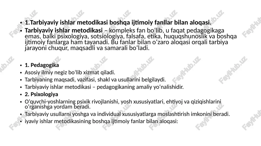 akkurni rivojlantirish jismoniy tarbiya sog‘lom turmush tarzini shakllantirish, sport bilan shug‘ullanish estetik tarbiya go‘zallikni ko‘ra bilish, san’atga mehr uyg‘otish mehnat tarbiyasi mehnatsevarlik, kasb-hunarga qiziqishni rivojlantirish vatanparvarlik tarbiyasi vatanga muhabbat, sadoqat, milliy g‘urur tarbiya subyektlari (kim tarbiyalaydi?): oila – tarbiyaning birinchi va eng muhim muhitidir. maktab (muassasa) – tizimli, ilmiy va ijtimoiy tarbiya manbai. jamoatchilik (mahalla, ommaviy axborot vositalari) – ijtimoiy fikr va qadriyatlarni shakllantiradi. "tarbiya – bu insonni hayotga tayyorlovchi, uni jamiyatda faol ishtirok eta oladigan shaxsga aylantiruvchi murakkab va muhim jarayondir. u har bir inson hayotining ajralmas qismidir va jamiyat taraqqiyoti uchun asosiy omildir." iy omildir. kengaytirilgan shaklda: tarbiya – bu insonni hayotga tayyorlash, uni jamiyatning faol va foydali a’zosiga aylantirishga qaratilgan uzluksiz, ongli va maqsadli jarayondir. tarbiya jarayoni orqali shaxsda axloqiy fazilatlar, bilimga bo‘lgan qiziqish, mehnatsevarlik, vatanparvarlik, estetik did va sog‘lom turmush tarziga intilish singari ko‘plab ijobiy jihatlar shakllanadi. shuning uchun ham tarbiya har bir inson hayotining ajralmas …