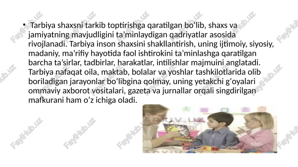 todlari – metod lotincha metodoc – yoʻl soʻzidan olingan. metod tadqiqot yoʻli, nazariya, ta’limot deb tarjima qilinadi. ilmiy tushuncha sifatida «metod» soʻzi keng ma’noda muayyan maqsadga erishish yoʻli tushuniladi. "tarbiyaviy ishlar metodikasi" fani ijtimoiy-tarixiy xarakterga ega bo‘lganligi tufayli uning o‘ziga xos dialektik ishlab chiqarish vositalari mavjud. bu fanni o‘rganish, o‘zlashtirish, inson kamolotining jismoniy tarbiyalarini bilish har bir tarbiyachi, o‘qituvchi uchun shartdir. tarbiyaviy ishlarni tashkil qilishda munosabatlardagi qarama-qarshiliklar, tarbiyaviy ta’sirchanlikning bir yoqlamaligi, xulq-atvordagi qarama-qarshiliklar shaxsiy shakllanib rivojlanadi. nazorat uchun savollar: 1.tarbiyaviy ishlar metodikasi fanining predmeti deganda nimani tushunasiz? 2. tarbiyaviy ishlar metodikasi fanining mazmun mohiyati nimadan iborat? 3. tarbiyaviy ishlar metodikasi fani qaysi fanlar bilan aloqador? 4. tarbiyaviy ishlar jarayonining ijtimoiy ahamiyati nimada? 5. tarbiyaviy ishlarda qanday metodlar qoʻllaniladi? image1.png image2.png image3.png image4.png image5.png image6.png image7.png image8.png image9.png image10.png image11.png pe ‘ 1g \ tarbiyaviy ishlar metodikasi ‘anaomiya, ‘iologiya tarbiya metodlari tarbiya maqsadi barkamol avlod /docprops/thumbnail.jpeg