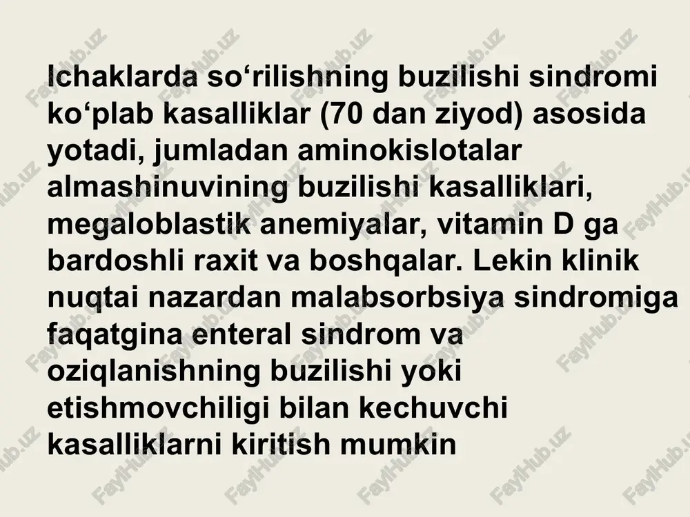 , javdar kiradi. donli o‘simliklar o‘zida oqsillarni 4 xil fraksiyasini saqlaydi: albuminlar, globulinlar, prolaminlar va glyuteninlar. oxirgi 2 fraksiya glyutenlar deb ataladi. patogenezi. o‘tkazilgan ko‘p sonli tadqiqotlarga qaramasdan seliakiya patogenezi oxirigacha o‘rganilmagan. seliakiyaning 4 ta nazariyasi mavjud: fermentativ virusli patoreseptor immunologik fermentativ nazariya enterotsitar peptidazalarning birlamchi fermentativ defektini nazarda tutadi. virusli nazariya 90% bemorlarda adenovirusning 12-tipiga antitelolar titri oshganligini nazarda tutadi. patoretseptor nazariya ingichka ichak epiteliysi yuzasidagi glikoproteidlar tarkibining buzilishini va buning oqibatida glyutenga sezuvchanlikni oshishini nazarda tutadi. immunologik nazariya hozirgi kunda koʼproq asosga ega nazariya hisoblanadi. u seliakiya bilan kasallangan bemorlar qonida glyutenga qarshi antitelolar va bir qancha boshqa immunologik markerlar, xususan enterotsitlar strkuturasiga – endomiziy, retikulin, toʼqima transglyutaminazasiga qarshi autoantitelolar aniqlanishi bilan tasdiqlanadi. klinikasi kasallikning klinik koʼrinishi turlicha boʼlib 3 ta turi farqlanadi. 1. tipik (klassik) 2. atipik (kamsimptomli) 3. latent (simptomsiz) kasallikning atipik va latent shakllari tipik shakliga qaraganda ancha koʼp uchraydi. kasallikka genetik moyillikni amalda ro’yobga …