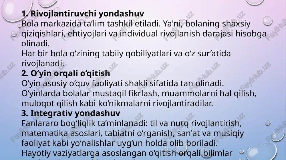 rning rivojlanishini baholash mezonlarini (kuzatuv, suhbat, topshiriq bajarish) aniq belgilash kerak. oraliq va yakuniy baholash tizimi ishlab chiqiladi (diagnostika, portfoliolar). 10. dasturda quyidagilar aniq ko‘rsatilishi kerak: mashg‘ulot turlari va davomiyligi (yosh guruhiga qarab). haftalik mashg‘ulotlar rejasi va faoliyat turlari. har bir mashg‘ulot uchun kutilayotgan natijalar. qo‘llaniladigan metod va texnologiyalar. bolaning shaxsiy va ijtimoiy rivojlanish ko‘rsatkichlari. xulosa: "ilk qadam" dasturi bolalarni o‘yin orqali o‘rgatish, individual rivojlanishni qo‘llab-quvvatlash va milliy qadriyatlarga asoslangan ta’lim berish orqali 6–7 yoshli bolalarni maktabga tayyorlaydi. "ilm yo‘li" dasturi bolalarni faol va mustaqil bilim olishga, tanqidiy va mantiqiy fikrlashga, shuningdek, amaliy ko‘nikmalarni rivojlantirishga yo‘naltirilgan zamonaviy variativ o‘quv dasturidir. maktabgacha ta’lim dasturini tuzishda bolalarning yosh va individual xususiyatlari hisobga olinib, ta’lim mazmuni o‘yin va amaliy faoliyatga asoslangan tarzda innovatsion metodlar bilan boyitilishi zarur. nazorat savollari: mtt uchun ta’lim dasturi tuzishda nimalarga e’tibor qaratiladi? o‘quv yo‘nalishlari qanday aniqlanadi? o‘yin va amaliy mashg‘ulotlarning ta’limdagi o‘rni qanday? ota-onalar bilan hamkorlik dasturga qanday …