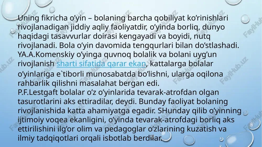 jarayonining muhim qismi hisoblanadi. nazorat savollari: o‘yin faoliyatining bolaning rivojlanishiga qanday ta’siri bor? ijodiy o‘yinlarning maktabga tayyorgarlikdagi o‘rni nimada namoyon bo‘ladi? didaktik o‘yinlar qanday bilim va ko‘nikmalarni shakllantiradi? bolani maktabga tayyorlashda o‘yin qanday metod sifatida qo‘llaniladi? o‘yinlar bolaning ijtimoiy rivojiga qanday ta’sir ko‘rsatadi? o‘yin orqali bolada qanday psixologik tayyorgarlik shakllanadi? adabiyotlar ro‘yxati: x. qo‘chqorova. maktabgacha ta’lim psixologiyasi. – toshkent: “fan va texnologiya”, 2023. o‘zbekiston respublikasi maktabgacha va maktab ta’limi vazirligi. maktabgacha ta’lim tizimida o‘yin texnologiyalari (uslubiy qo‘llanma). – toshkent, 2024. i. komilova, z. mahmudova. didaktik o‘yinlar orqali ta’lim jarayonini takomillashtirish. – samarqand, 2023. g. ahmedova. ijodiy o‘yinlar orqali bolalar rivojlanishini ta’minlash. – buxoro, 2024. sh. karimova. bolalar psixologiyasi va tarbiyasi. – toshkent: “ilm ziyo”, 2023. pedagogik va psixologik jurnallar: ta’lim va innovatsiyalar, maktabgacha ta’lim, 2023–2024-yillar sonlari. image2.png image3.png image1.png /docprops/thumbnail.jpeg mavzubolalarni maktabga tayyorlashda o'yinlarning. ‘ahamiyati tig