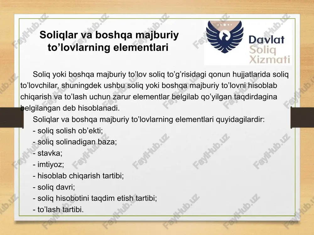 ishi hamda davlat byudjetining respublika va mahalliy byudjetlarga ajratilishi bilan belgilanadi. shundan kelib chiqib, respublika byudjetga tushishi belgilangan soliqlar va majburiy to’lovlarni umumdavlat, mahaliy byudjetlarga tushishi belgilangan soliqlar va majburiy to’lovlarni esa mahalliyga ajratish mezoni belgilangan. soliqlarni byudjetga tushishiga ko’ra guruhlanishi (o’zr sk 23-modda) umumdavlat soliqlari va majburiy to’lovlari mahalliy soliqlar va majburiy to’lovlar - mol-mulk solig’i; - yer solig’i; - obodonlashtirish va ijtimoiy infratuzilmani rivojlantirish solig’i; - transport vositalariga benzin, dizel yoqilg’isi va gaz ishlatganlik uchun olinadigan soliq; - ayrim turdagi tovarlar bilan chakana savdo qilish va ayrim turdagi xizmatlarni ko’rsatish huquqi uchun yig’im; - yagona yer solig’i - yuridik shaxslardan olinadigan foyda solig’i; - jismoniy shaxslardan olinadigan daromad solig’i; - qo’shilgan qiymat solig’i; - aktsiz solig’i; - yer qa’ridan foydalanuvchilar uchun soliqlar va maxsus to’lovlar; - suv resurslaridan foydalanganlik uchun soliq; - ijtimoiy jamg’armalarga majburiy to’lovlar; - respublika yo’l jamg’armasiga majburiy to’lovlar; - davlat boji; - bojxona to’lovlari; …