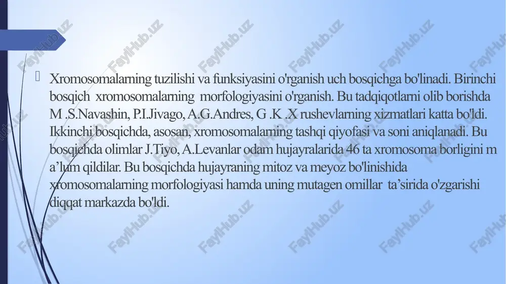 logiya fanidan / mavzu:antropogenetika usullari -biokimyoviy va sitogenetike usul