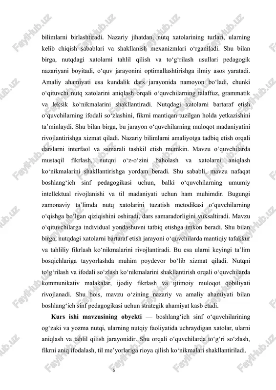etish bo‘yicha samarali metodlarni ishlab chiqish hamda amaliy mashg‘ulotlarda qo‘llash yo‘llarini ko‘rsatishdan iborat. kurs ishi mavzusining vazifalari · o‘quvchilar nutqidagi xatolarning mohiyati va turlarini aniqlash; · nutqdagi xatolarni yuzaga keltiruvchi omillarni o‘rganish; · fonetik, leksik va grammatik xatolarni tuzatish bo‘yicha metodik yondashuvlarni tahlil qilish; · o‘quvchilarning nutqini to‘g‘rilashda interfaol va o‘yin texnologiyalaridan foydalanish; · nutqdagi xatolarni bartaraf etishga yo‘naltirilgan dars ishlanmasini ishlab chiqish; · olingan natijalar asosida metodik tavsiyalar berish. kurs ishi mavzusining metodlari tadqiqot davomida quyidagi metodlardan foydalaniladi: kuzatish, tahlil va taqqoslash, pedagogik tajriba, suhbat, test, diagnostika, amaliy mashg‘ulotlar natijalarini tahlil qilish va umumlashtirish metodlari. shuningdek, zamonaviy interfaol o‘qitish usullari va nutqiy faoliyatni baholash mezonlari ham qo‘llaniladi. kurs ishi mavzusining tuzilishi kurs ishi kirish qismi, ikki bob, har bir bob uch bo‘limdan, xulosa hamda foydalanilgan adabiyotlar ro‘yxatidan iborat. i bob. boshlang‘ich sinflarda bayon yozishni o‘rgatishning nazariy asoslari 1.1. boshlang‘ich sinflarda bayon tushunchasi va uning pedagogik ahamiyati boshlang‘ich ta’lim bosqichi …