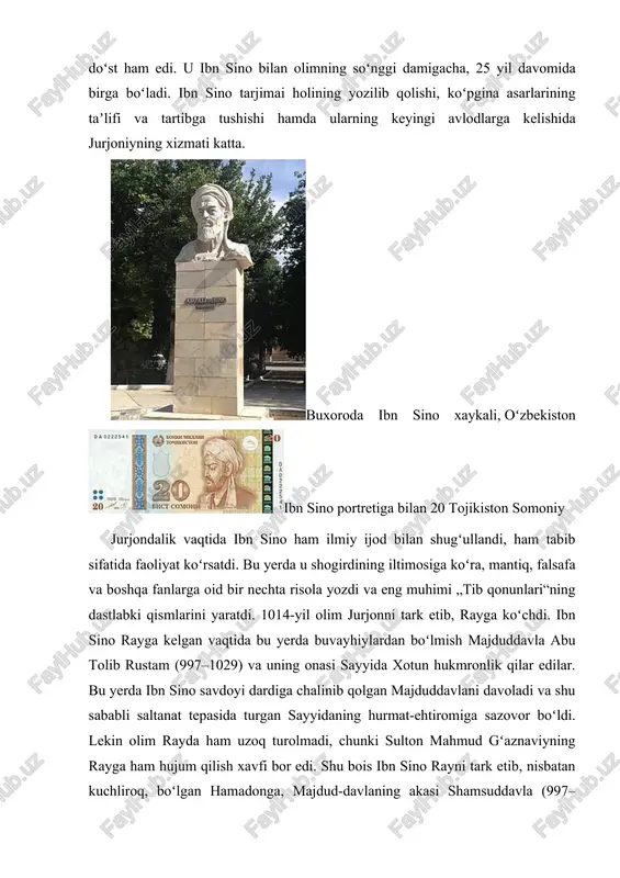 aning akasi shamsuddavla (997–1021) huzuriga ketadi. hukmdorni sanchiq kasalidan davolaganidan keyin olimni saroyga taklif qiladilar. u avval saroy tabibi boʻlib ishlaydi, soʻng vazirlik mansabiga koʻtariladi. davlat ishlari bilan band boʻlishiga qaramay ilmiy ishlarini ham davom ettiradi va qator asarlar yaratadi. „tib qonunlari“ning birinchi kitobini tugatib, oʻzining mashhur falsafiy qomusi — „kitob ash-shifo“ni ham shu yerda yozishga kirishadi. „tib qonunlari“ning qolgan qismini ham hamadonda yozib bitiradi. ibn sino hamadonda 1023-yilgacha istiqomat qiladi va ayrim siyosiy sabablarga koʻra, shu yili isfahonga joʻnab ketadi. umrining qolgan 14 yilini shu yerda oʻtkazdi. bu yerda ham u tinimsiz ilmiy ish bilan mashgʻul boʻlib, bir qancha asarlar yaratdi. ular orasida tib, falsafa, aniq fanlar, tilshunoslik kabi fanlarga oid kitoblar bor. „kitob ash-shifo“ning qismlari, fors tilidagi „donishnoma“ va 20 jildli „insof-adolat kitobi“ shular jumlasidan. jurjoniyning yozishicha, ibn sino garchi, jismoniy juda baquvvat boʻlsada, biroq, shaharma-shahar darbadarlikda yurish, kecha-kunduz tinim bilmay ishlash va bir necha bor taʼqib qilinib, …