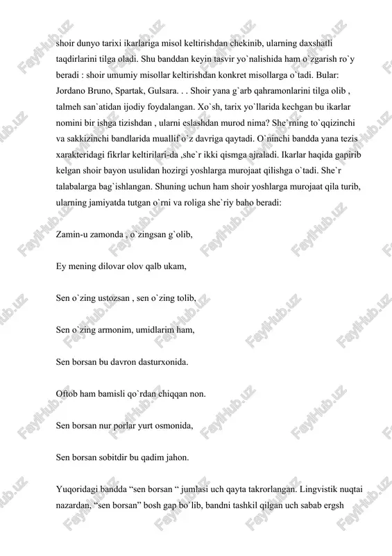 landparvoz jumlalarisiz sevishganlarning holati tabiatdagi yangilanishlar bilan mutanosib holda ifodalanadi. inson ruhidagi uyg`onishlarning tabiatdagi uyg`onishlar bilan hamohang ekanligini ifodalashda misra takrori qo`l kelgan va she`rning g`oya zarbini kuchaytiradi. takrorning yana bir go`zal namunasi “sen bahorni sog`inmadingmi” she`rida ko`rish mumkin. bu she`rda band oxiridagi misra takrorlanib turadi. she`rning asosiy mag`zini so`roq shaklidagi ana shu misra tashkil qiladi. o`zbek adabiyotida ishq va bahor mavzuida yaratilgan mumtoz asarlardan biri hisoblangan bu she`rning qofiyalanish tartibi ham ancha murakkab bo`lib (b-v-b-v-g-g-a, b-v-b-v-g-g-a, ) o`zbek she`riyatida bunday qofiyalanish tartibiga ega she`rning uchrashi qiyin. lirik qahramon qalbiga tabiat go`zlliklari taskin bera olmaydi, yor ham bahor qo`ynidadur, degan xayol bilan chiqqan oshiq uni topolmay hajr azoblarini chekadi. shunda uning qalbidagi firoq, avg`on, gina, tana “sen bahorni sog`inmadingmi” shaklida otilib chiqadi. yorga boshqacha so`zlash mumkin emas. shu birgina so`rovdan barchasi ayon. ammo she`rning oxiridagi mazkur misra takrori boshqacha xarakterga ega. bu o`rinda” bahor “ tabiat fasli ma`nosidagina emas, balki …