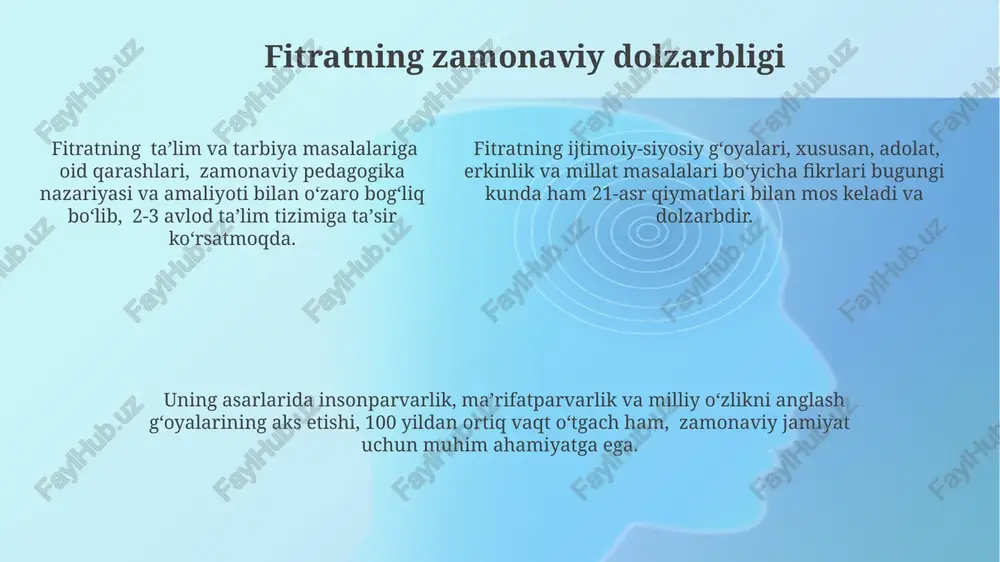dagi axloqiy buzuqlikni ko'rsatadi. dunyoviylik va yolg'on orzularning ta'siri fitrat, dunyoviylik ta'sirida 7 ta insoniy fazilatning (sabr, shukr, qanoat, va hokazo) yo'qolishini, bu esa 10 ta salbiy xislatning (hasad, ochko'zlik va boshqalar) kuchayishiga olib kelishini ko'rsatadi. asarda 3 xil yolg'on orzu turi (boylik, shuhrat, lazzatlar) ta'kidlanib, ularning insonni ma'naviy halokatga olib kelishi, 1-2 avlod ichida yo'qolib ketishini misol keltiradi. asarda 3 xil yolg'on orzu turi (boylik, shuhrat, lazzatlar) ta'kidlanib, ularning insonni ma'naviy halokatga olib kelishi, 1-2 avlod ichida yo'qolib ketishini misol keltiradi. fitratning taklif etgan yechimlari fitrat ikki toifadagi baxtsiz odamlar uchun 2 ta asosiy yechim taklif qiladi: taqvodorlik va ilm olish orqali ruhiy poklanish hamda ijtimoiy adolat va tenglikka intilish. fitratning ta'kidlashicha, jamiyatdagi 5 ta asosiy nosog'lom holat – zulm, yolg'on, xo'rlik, jaholat va befarqlik – baxtsizlikning asosiy sabablaridan biri hisoblanadi va ularga qarshi kurashish zarur. uning fikricha, 3 ta muhim omil – taqvo, ilm va mehnat – inson …