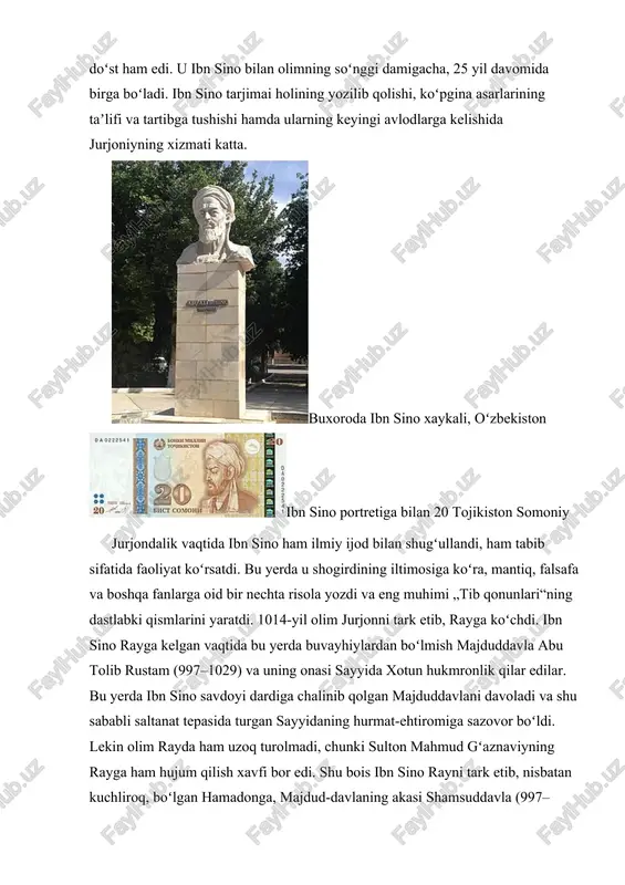 aning akasi shamsuddavla (997–1021) huzuriga ketadi. hukmdorni sanchiq kasalidan davolaganidan keyin olimni saroyga taklif qiladilar. u avval saroy tabibi boʻlib ishlaydi, soʻng vazirlik mansabiga koʻtariladi. davlat ishlari bilan band boʻlishiga qaramay ilmiy ishlarini ham davom ettiradi va qator asarlar yaratadi. „tib qonunlari“ning birinchi kitobini tugatib, oʻzining mashhur falsafiy qomusi — „kitob ash-shifo“ni ham shu yerda yozishga kirishadi. „tib qonunlari“ning qolgan qismini ham hamadonda yozib bitiradi. ibn sino hamadonda 1023-yilgacha istiqomat qiladi va ayrim siyosiy sabablarga koʻra, shu yili isfahonga joʻnab ketadi. umrining qolgan 14 yilini shu yerda oʻtkazdi. bu yerda ham u tinimsiz ilmiy ish bilan mashgʻul boʻlib, bir qancha asarlar yaratdi. ular orasida tib, falsafa, aniq fanlar, tilshunoslik kabi fanlarga oid kitoblar bor. „kitob ash-shifo“ning qismlari, fors tilidagi „donishnoma“ va 20 jildli „insof-adolat kitobi“ shular jumlasidan. jurjoniyning yozishicha, ibn sino garchi, jismoniy juda baquvvat boʻlsada, biroq, shaharma-shahar darbadarlikda yurish, kecha-kunduz tinim bilmay ishlash va bir necha bor taʼqib qilinib, …