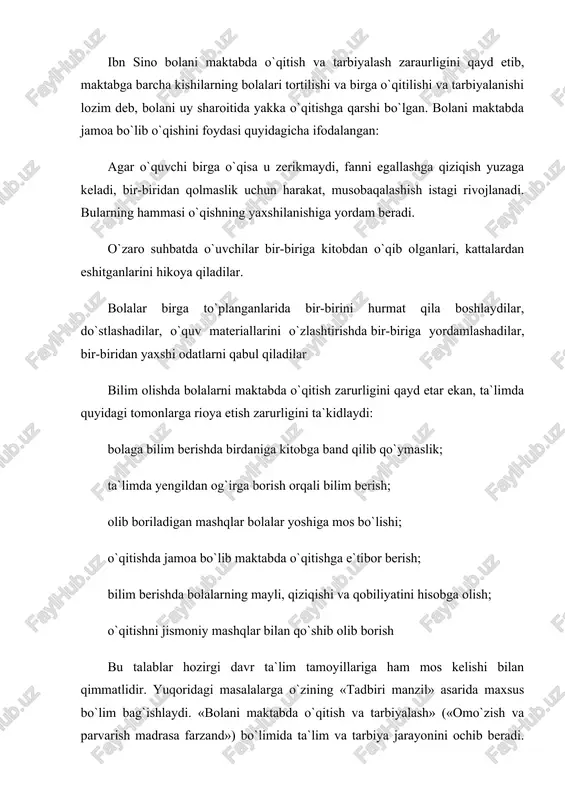 li metod va shakllardan foydalanishi; talabalning xotirasi, bilimlarni egallash qobiliyati, shaxsiy xususiyatlarini bilishi; fanga qiziqtira olishi; berilayotgan bilimlarning eng muhimini ajratib bera olishi; bilimlarni talabalarga tushunarli, uning yoshi, aqliy darajasiga mos ravishda berishi; har bir so`zning bolalar hissiyotini uyg`otish darajasida bo`lishiga erishishi zarur, deydi olim .ibn sino ta`limotida bilishda qaysi metodlardan foydalanilmasin – u og`zaki ifodami, bilimlarni tushuntirishmi, turli ko`rinishdagi suhbatmi, tajribalarmi, baribir talabada haqiqiy bilim hosil qilish mustaqil, mantiqiy fikrlash qobiliyatini rivojlantirish, olgan bilimlarini amaliyotga tadbiq eta olish qobiliyatini tarkib toptirish asosiy maqsad bo`lgan. shu jihatdan olimning «hay ibn yaqzon» asari kishilarning did – farosatini o`stirishi, fikr doirasini kengaytirishi bilan ta`lim – tarbiyada katta ahamiyatga ega. uning nomi ham shunga ishor qiladi: «hay ibn yaqzon» (uyg`oq o`g`li tirik). bu asar farosat ilmi haqida ekanligini ibn sinonining o`zi ham ta`kidalaydi. mazkur asarni ibn sino 1023 yilda hamadonga yaqin bo`lgan faradjon qal`asi qamoqxonasida yozga deyishadi ibn sino bu asarida ilm – …