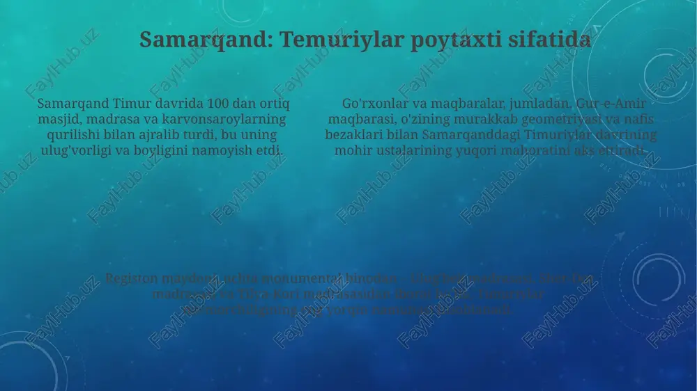 inlarning turli geometrik va gulli naqshlari keng qo‘llanilgan. gurganj, samarqand va buxoro kabi yirik shaharlardagi madrasalar, maqbaralar va masjidlarning meʼmoriy bezaklarida koshinlarning turli geometrik va gulli naqshlari keng qo‘llanilgan. shah-i-zinda majmuasi: nekropol va uning bezagi shah-i-zinda majmuasining 114 ta maqbarasi turli xil me'moriy uslublarni, jumladan, movarounnahrning an'anaviy va ilxoniylar davriga oid elementlarni o'zida mujassamlashtiradi. shah-i-zinda maqbaralari ko'k rangli koshinlar bilan qoplangan bo'lib, ularning yorqinligi quyosh nuri ostida ajoyib ko'rinish yaratadi va 14-asr o'zbek kulolchilik san'atining yuksak namunasidir. majmua devorlaridagi ganch o'ymakorliklari geometrik naqshlar, arabeskalar va gulli naqshlar bilan bezatilgan bo'lib, ularning har biri nozik ustiga ishlangan 20 dan ortiq ranglardan iborat. e'tiboringiz uchun rahmat @taqdimot_robot image3.png
