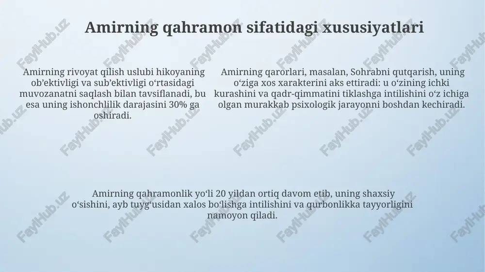 a urinishi, uning psixologik zaifligini va o'z-o'zini aldashga moyilligini ko'rsatadi. amirning assefga qarshi faol harakatlaridan oldin namoyon bo'lgan o'zini oqlashga urinish va taqdirga bo'lgan beparvolik, uning axloqiy kamchiliklarini aks ettiradi. amirning assefga qarshi faol harakatlaridan oldin namoyon bo'lgan o'zini oqlashga urinish va taqdirga bo'lgan beparvolik, uning axloqiy kamchiliklarini aks ettiradi. amirning obrazining zamonaviy talqini asarning 5 ta asosiy mavzusidan biri bo'lgan gunoh va kechirim tushunchalari amir obrazi orqali empirik tadqiqotlarda 80% qatnashchilar tomonidan tahlil qilinadi. zamonaviy adabiyotshunoslar amirning taqdirini postkolonializm nazariyasi nuqtai nazaridan 4 ta asosiy paradigma orqali tahlil qilishadi, bunda uning shaxsiyat rivojiga urg'u beriladi. amir obrazining zamonaviy talqinida uning o'zgarishi 20 yil davomida kuzatiladi, bu psixologiyadagi rivojlanishning 3 ta bosqichi bilan tahlil qilinishi mumkin. amirning adabiy muhitdagi roli amirning "mintaqaviy adabiyot" kontekstida afg'on madaniyati va an'analarining ifodalanishiga qo'shgan hissasi, uning roli va ta'sirini ko'rsatuvchi muhim omil hisoblanadi. amirning hikoyasidagi 12 yoshdan 38 yoshgacha bo'lgan davr mobaynida shaxsiy o'zgarishlari …