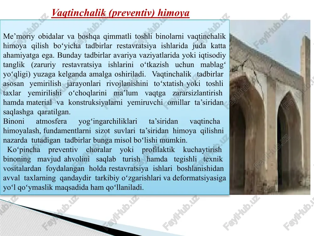 ib chiqish va kuchaytirish boʻyicha tegishli ishlarni bajarish uchun kerak boʻlgan ma’lum vaqt davomida ishlab turishi uchun yetarli boʻlgan mustahkamlik va turgʻunlikka ega boʻlishlari kerak. ushlab turuvchi konstruksiyalar turli-tuman boʻlishi mumkin; bundaylar qatoriga vertikal holatdan ogʻib ketgan yoki boʻrtib chiqqan devorlar, kontrforslar va shu kabilarni ushlab turish uchun kerak boʻlgan tirgaklar va chorpoyalar, devorlar orasidagi tirgaklar, arka va gumbazlar bosimi va yon tomondagi bosimni qabul qilish hamda devorlar burilib yoki siljib ketishining oldini olish uchun oddiy konstruksiyali zatyajka va ankerlar kiradi. ogʻib ketgan yoki boʻrtib chiqqan devorlar odatda deformatsiyaga qaramaqarshi tomondan tirab yoki mustahkamlanib qoʻyiladi. agar devorlar baland boʻlsa yoki ular oʻzgaruvchan gorizontal kuchlar (masalan, shamol bosimi) ta’siri sababli boʻrtib chiqishi yoki muvozanat yoʻqotish xavfiga duchor boʻlayotgan boʻlsa, bunday devorlarga ikki tomondan tirgak qoʻyishni nazarda tutish lozim. alohida turgan baland devorlar yoki ustunlarni maxsus koʻrib chiqish talab etiladi. agar toshli koʻtarib turuvchi elementlar deformatsiya va shikastlanishga egaboʻlsa, gumbaz va toʻsinlarda …