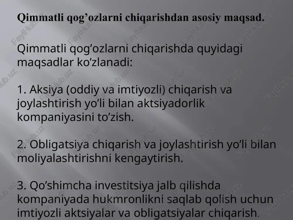 ng muayyan summadagi pulni veksel’ oluvchiga yoxud uning buyrug’iga binoan belgilangan muddatda yoki uning talabiga ko’ra to’lashdan iborat qat`iy majburiyatini o’z ichiga olgan xujjat oddiy veksel’ hisoblanadi. oddiy vekselda ikki shaxs ishtirok etadi, ya`ni vesel’ beruvchi va uni birinchi oluvchi. boshqa qarz qog’ozlardan oddiy vekselni ajratib turadigan xususiyatlari mavjud bo’lib ular quyidagilar hisoblanadi: -veksel’ o’tkazma yozuv asosida qo’ldan - qo’lga o’tadi; -veksel’ bo’yicha majburiyat ikkala ishtirokchi o’rtasida hamkorlikda bo’ladi; -imzo va muxrlarni notarial tasdiqlash shart emas; -veksel’ garov bilan ta`minlanmagan abstrakt pul xujjatidir; -to’lov muddati kelib to’lanmagan veksel’ uchun notarial da`vosini amalga oshirishi lozim. image7.png qimmatli qog'odar ushi qarz qog’ozlari hosila xalgaro gimmatti gog’oziar gog’czlari gog'ozlar aksiya obligatsiya. optsion evroaksiya i i i serttikatlar fyuchers evroobligatsiya veksel /docprops/thumbnail.jpeg