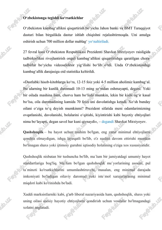 . qashshoqlikni o'lchash qashshoqlikni o'lchash oson emas. uchta asosiy yondashuv mavjud. ulardan biri asosiy oziq-ovqat, asosiy ehtiyoj va kiyim-kechak iste`molini aholi tomonidan baholashdir. bu, eng qo'pol va iste`molning turli darajalarini inobatga olmaydigan yondashuvdir. masalan, agar 10 mln. aholisi bo'lgan osiyo mamlakatlaridan biri 10 mln. tonna guruch ishlab chiqaradi yoki olib kiradigan bo'lsa, demak, bitta fuqaro uchun kuniga 2,7 kg guruch to'g'ri keladi. bu oz emas bo'lib, ocharchilik xaqida mulohaza yuritish shart bo'lmaydi. xuddi shu kabi, ehtimol rossiyada ham, agar butun iste`mol qilinadigan – kartoshka, non va makaronlarni hisobga olinsa ko'rinadi. bu, albatta, o'tgan asrlardagi ko'rsatkichlarga o'xshaydi, biroq mahsulot va tovarlarning real iste`mol qilinishini hisobga olinsa, iste`mol savatchasi va iste`mol (yashash uchun) minimumi deb ataladigan tushuncha kelib chiqadi. ikkinchi yondashuv – aholini ro'yxatga olish ma`lumotlari asosida davlat statistika idorasi, masalan «rosstat» (sobiq davlat statistika qo'mitasi) tomonidan belgilanadigan va aholi o'rtasida daromadlar va xarajatlar bo'yicha rasmiy statistik ma`lumotdir. 2003 yilda 44,5 mingdan …
