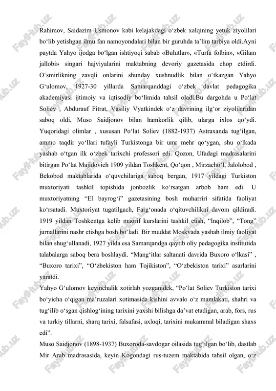 ‘i sifatida ishlab, buxorodagi ko‘plab me’moriy obidalarni ta’mirlash, tadqiq qilishga bosh bo‘ldi. 1928-37 yillarda respublika tarixiy va madaniy yodgorliklarni muhofaza qilish qo‘mitasiga raislik qilib, o‘zbekistonning madaniy merosini avaylab asrash, ilmiy tadqiq qilish ishlariga rahbarlik qildi. buxoro, shahrisabzdagi me’moriy obidalar haqida kitoblar yaratdi. 1935 yilda leningradda o‘tkazilgan sharqshunoslarning 3 xalqaro kongressida qatnashib ma’ruza o‘qidi. yahyo g‘ulomov m.saidjonov bilan hamkorlik qilarkan, undan qadim shaharlardagi obidalarning barpo etilishi, ularga ishlatilgan bo‘yoq, minoralarning qay tariqa osmonga bo‘y cho‘zib barpo etilganiga oid ma’lumotlarni bilib oldi. abdurauf fitratdek o‘z davrining qomusiy olimi, shoir, dramaturgning bo‘lajak akademikka o‘tkazgan ta’siri, maslahatu-nasihatlari, o‘z boshidan kechirganlari to‘g‘risidagi dardli hikoyalari esa, yahyo akada sharq ziyolisidek ibratli shaxsni ko‘z o‘ngida mujassamlashtirgandi. yahyo g‘ulomov bilan keyingi davrda, xususan xorazmda o‘tkazgan ekspeditsiyasida hamkorligi boshlanib, to umrlarining oxirigacha uchrashib, xat yozishib maslakdoshlik qilgan inson abdulla boltaev (1890-1966) edi. xiva xonligi davrlaridan otasi muhammad murod said pano bilan ichan-qa’ladagi obidalarda barpo bo‘lishida, keyinchalik ularning ta’mirlanishida, toshkentdagi …