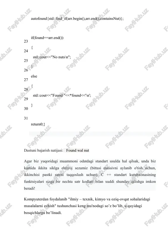 i zarur. 3-bosqich. masalani echish usulini ishlab chiqish, sonli usulni tanlash. agar dastlabki ma'lumotlar bilan izlanayotgan natijalar (miqdorlar, ma'lumotlar) o’rtasida aniq bog’liqlik (qonuni­yat) o’rnatilgan bo’lib va masalani echish uslubi ishlab chiqilgan bo’lsa yoki o’sha bog’lanishni amalga oshirish uchun tayyor sonli usul (lar) tanlab olinib (masala uchun, masalaning bir qismi uchun) masalaning echish uslubi yaratilgan bo’lsa, “masalani echish uslubi ishlab chiqilgan” deyiladi. bunda: x - dastlabki ma'lumotlar; y - natija, maqsad funktsiyasi, izlanayotgan miqdor (lar) bo’lsa, ular orasidagi bog’lanish y= f (x) kabi olinishi mumkin. f -dastlabki ma'lumotlar bilan natijani bog’lovchi qonu­niyat, qoidalar majmuasi, ya'ni x ma'lumotlar ustida ba­jariladigan amallar ketma-ketligi yoki tanlab olingan usul masalani echishning ishlab chiqilgan uslubi yoki tanlab olin­gan usulning to’g’riligi, samaradorligi keyingi bosqichlarda tek­shirib aniqlanadi. 4-bosqich. masalani echish algoritmini yaratish. 4-bosqichda asosan masalani echish algoritmi yaratiladi. masalani echish algoritmi kompyuterning imkoniyatlarini, echish aniqligini xamda masalani kompyuterda echish vaqtini va qiymatini xisobga olgan xolda yaratilsa maqsadga muvofiq …