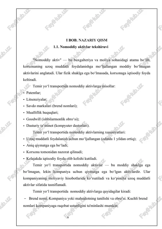 ); · aniq qiymatga ega bo‘ladi; · korxona tomonidan nazorat qilinadi; · kelajakda iqtisodiy foyda olib kelishi kutiladi. temir yo‘l transportida nomoddiy aktivlar — bu moddiy shaklga ega bo‘lmagan, lekin kompaniya uchun qiymatga ega bo‘lgan aktivlardir. ular kompaniyaning moliyaviy hisobotlarida ko‘rsatiladi va ko‘pincha uzoq muddatli aktivlar sifatida tasniflanadi. temir yo‘l transportida nomoddiy aktivlarga quyidagilar kiradi: · brend nomi. kompaniya yoki mahsulotning tanilishi va obro‘si. kuchli brend nomlari kompaniyaga raqobat ustunligini ta'minlashi mumkin; · mualliflik huquqlari. asar, musiqa, dasturiy ta'minot va boshqa yaratuvchilik ishlari uchun berilgan huquqlar; · patentlar. yangi ixtirolar yoki texnologiyalarni himoya qilish uchun berilgan huquqlar. patentlar kompaniyaga o‘z ixtirolaridan foydalanish va ularni boshqalardan himoya qilish imkonini beradi; · litsenziyalar. boshqa kompaniyalarga yoki shaxslarga o‘z aktivlaridan foydalanish huquqini berish uchun berilgan ruxsatnomalar; · tijorat sirlar. kompaniyaning ichki ma'lumotlari, formulalari yoki jarayonlari, bu ma'lumotlar raqobatchilardan himoyalangan bo‘lishi kerak; · mijozlar bazasi. mijozlar bilan aloqalar va ularning kompaniyaga bo‘lgan sodiqligi. bu, …