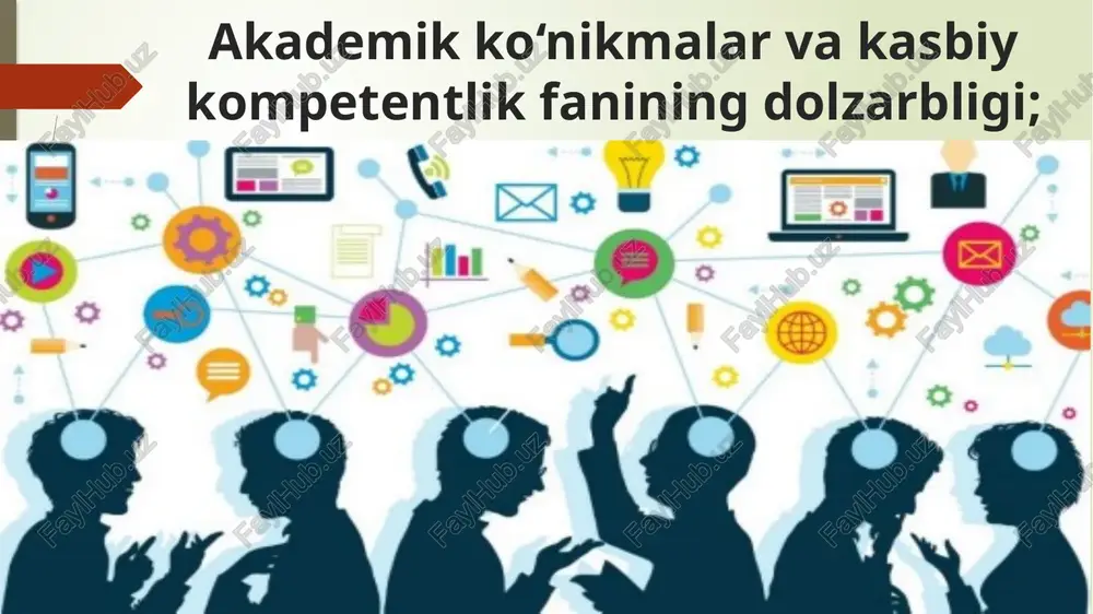 lar qidirsh va topishga harakat qiladi. akademik ko‘nikmalar va ularning mohiyati mutaxassislar o’z faoliyatida innovatsion yondashuvlarga asoslanishi, kasbiy ahamiyatga ega bo’lgan shaxsiy sifatlarga ega bo’lishi, ixtiyoriy vaziyatlarda o’z-o’zini nazorat qilishi, turli masalalarni hal etishda mavjud huquqiy me’yoriy mezonlarga asoslanishi kasbiy kompetentlikni ifodalaydi kasbiy kompetentlik va uning ahamiyati kasbiy kompetentlikka erishish bosqichlari: pedagogika, psixologiya fanlarini chuqur o’rganish; maxsus fanlar va ularning o’qitish metodikasini bilish; o’z kasbiga qiziqish, pedagogik va axborot texnologiyalaridan samarali foydalanish; o’z faoliyatini doim tahlil qilib, unga nisbatan tanqidiy munosabatda bo’lish; kasbiy kompetentlik va uning ahamiyati kasbiy kompetentlikka erishish bosqichlari: o’z ustida mustaqil ishlash, shaxsiy malakasini muntazam tarzda oshirib boorish; o’z-o’ziga talabchanlik, masuliyatni teran his etish; murakkab va muammoli vaziyatlarga hos yechib toppish va bu vzaiyatlardan chiqib keta olish; tashkilotda rahbar va hodimlar o’rtasidagi aloqalarni to’g’ri ta’minlay olish. kasbiy kompetentlik va uning ahamiyati abu nasr farobiy: agar inson xayrixohlik, go’zallik, olijanoblik va ulug’vorlikka boshqa odamlar orqali emas, balki o’zi …