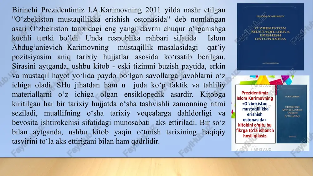 tining aniq masalalarini ishlab chiqishda, mamlakatda demokratik islohotlarni yanada chuqurlashtirish va fuqarolik jamiyati asoslarini mustahkamlashda faol ishtirok etadi. 2020 yil “ilm-ma’rifat va raqamli iqtisodiyotni rivojlantirish yilida quyidagi ishlar ko'zda tutildi: 2020 yil “ilm-ma’rifat va raqamli iqtisodiyotni rivojlantirish yilida quyidagi ishlar ko'zda tutildi: foydanildan adabiyotlar: 1.shavkat mirziyoev. biz milliy rivojlanish yo‘limizni yangi bosqichda ishonch bilan davom ettiramiz. 1-jild. t: “o‘zbekiston”, 2017 yil. 2. karimov i. mamlakatda demokratik islohotlarni yanada chuqurlashtirish va fuqarolik jamiyatini shakllantirish kontsepsiyasi.-t: “o‘zbekiston”, 2010 yil. 3. karimov i. o‘zbekiston mustaqillikka erishish ostonasida.-t: “o‘zbekiston”, 2011 yil. 4. sobirov a. o‘zbekistonning yangi tarixi: o‘rganish metodologiyasi masalalari bo‘yicha // "o‘zbekistonning eng yangi tarixi: nazariy va metodologik asoslari, o‘rganish tajribasi, manbalari va usullari" respublika ilmiy-amaliy konferensiyasi materiallari. – t: 2013 yil. 5. rahimov m. o‘rta osiyoda zamonaviy xalqaro munosabatlarni o‘rganishda fanlararo usullardan foydalanish. o‘zbekistondagi og‘iz tarixi: nazariya va amaliyot. –t: o‘zr ii an, 2011 yil. 6. rahimov m., tursunova r. o‘zbekistonning zamonaviy …