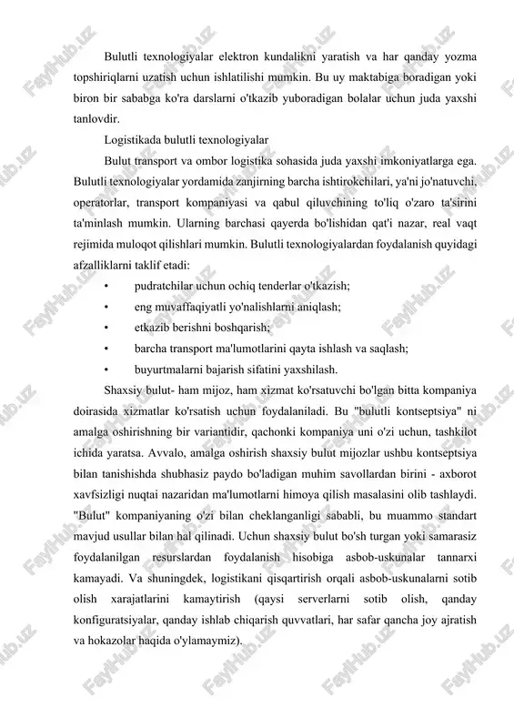 avjud usullar bilan hal qilinadi. uchun shaxsiy bulut bo'sh turgan yoki samarasiz foydalanilgan resurslardan foydalanish hisobiga asbob-uskunalar tannarxi kamayadi. va shuningdek, logistikani qisqartirish orqali asbob-uskunalarni sotib olish xarajatlarini kamaytirish (qaysi serverlarni sotib olish, qanday konfiguratsiyalar, qanday ishlab chiqarish quvvatlari, har safar qancha joy ajratish va hokazolar haqida o'ylamaymiz). bulutli texnologiyalar - bu internet-foydalanuvchiga internet-xizmat sifatida kompyuter resurslari taqdim etiladigan ma’lumotlarni qayta ishlash texnologiyalari. “bulut” so’zi bu erda barcha texnik tafsilotlarni yashiradigan murakkab infratuzilmani ifodalovchi metafora sifatida mavjud.bulutli hisoblash (bulutli hisoblash), shuningdek, “bulutli hisoblash” atamasi ham qo’llaniladi. “bulut” atamasi kompyuter tarmog’i diagrammasidagi internet tasviriga asoslangan metafora sifatida yoki barcha texnik tafsilotlar yashiringan murakkab infratuzilma tasviri sifatida ishlatiladi. 2008 yilda nashr qilingan ieee hujjatiga ko’ra, “bulutli hisoblash bu paradigma bo’lib, unda ma’lumot internet serverlarida doimiy ravishda saqlanadi va mijoz tomonidan vaqtincha saqlanadi, masalan, shaxsiy kompyuterlarda, o’yin pristavkalari, noutbuklar, smartfonlarda va hokazo. onlayn saqlash modeli, unda ma’lumotlar tarmoqda tarqatilgan ko’plab serverlarda saqlanadi va …