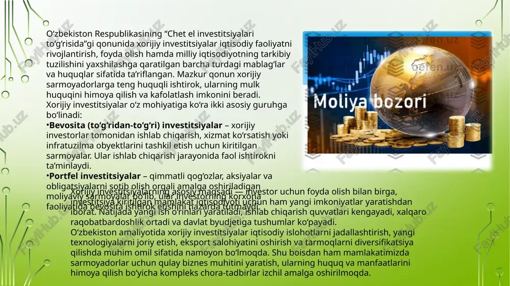 ar sifatida “investitsiya faoliyati to‘g‘risida”, “chet el investitsiyalari to‘g‘risida”, “xorijiy investorlar huquqlarini himoya qilish kafolatlari to‘g‘risida” kabi qonunlar qabul qilingan bo‘lib, ular xorijiy sarmoyadorlar uchun aniq kafolatlar belgilab beradi. ushbu hujjatlar investorlarning mulk huquqini himoya qilish, soliqqa oid imtiyozlar berish, investitsiyalarning erkin harakatlanishi va foyda repatriatsiyasini kafolatlaydi. so‘nggi yillarda o‘zbekiston hukumati investitsion siyosatni liberallashtirish yo‘lida qator chora-tadbirlarni amalga oshirdi. xususan, ruxsat berish jarayonlari soddalashtirildi, “bir darcha” tizimi joriy etildi, investitsiya loyihalarini moliyalashtirishda xalqaro moliya institutlari bilan hamkorlik kengaydi. davlat, shuningdek, strategik tarmoqlarga to‘g‘ridan-to‘g‘ri xorijiy investitsiyalarni jalb etishni o‘z oldiga maqsad qilib qo‘ygan. energetika, neft-gaz, transport-logistika, axborot texnologiyalari, kimyo va farmatsevtika sohalari bu borada eng faol yo‘nalishlardir. xulosa qilib aytganda, o‘zbekistonda investitsiya munosabatlarini davlat tomonidan tartibga solish mexanizmi iqtisodiyotni barqaror rivojlantirish, milliy manfaatlarni himoya qilish va investorlar uchun qulay, ishonchli muhit yaratishga qaratilgan. 2.2. mamlakatimizga xorijiy investitsiyalarni jalb qilish o‘zbekiston respublikasida iqtisodiyotni modernizatsiya qilish va barqaror o‘sishni ta’minlashning eng muhim yo‘nalishlaridan …