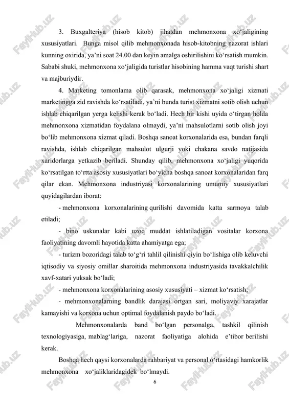 yillarga qaraganda mamlakatimizga tashrif buyuruvchilar soni ham keskin oshmoqdi. bu esa turizm infratuzilmasida katta yangilanishni taqozo etdi. turistlarning asosiy ehtiyojlarini qondiruvchi mehmonxonalarni sifat jihatdan yaxshilash kerakligini davr taqozo qildi. hozirgi kunga kelib respublikamizdagi mavjud mehmonxonalarning aksariyati qayta ta’mirdan chiqarilib, zamonaviy boshqaruv tizimlari joriy qilindi. hozirgi kunda zamon talablari darajasida ya’ni 3-4-5 yulduzli mehmonxonalar mahalliy va xorijiy turistlarga sifatli xizmat ko‘rsatib kelmoqda. bu esa davlat budjetiga valyuta tushumini oshirmoqda va shu bilan birga aholining ish bilan ta’minlanishiga imkon yaratmoqda. respublikamizdagi yirik mehmonxonalar asosan toshkent shahrida joylashgan bo‘lib bularga “o‘zbekiston”, “inter-kontinental”, “shodlik-palas”, “markaziy”, “sayohat” va yaqinda ishga tushirilgan “dedeman silk rud”, “grant mir” va boshqa mehmonxonalarni kiritish mumkin. mehmonxonaga keluvchi turistlarga ko‘rsatiladigan xizmatlar sifatini oshirish, ularga turli xil qulayliklarni yaratib berish hamda ularning o‘zbekistonda o‘tkazgan vaqtlari qiziqarli va maroqli bo‘lishini ko‘zda tutgan holda, ular uchun turli xil madaniy dam olish tadbirlari, sayoxatlarni uyushtirish va ko‘pgina shu kabi maqsadlarda tadbirlar o‘tkazilmoqda. bunday mehmonxonalardan …