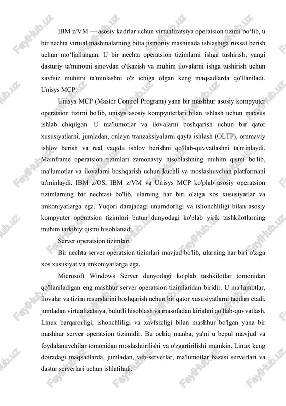 hi mumkin. linux keng doiradagi maqsadlarda, jumladan, veb-serverlar, ma'lumotlar bazasi serverlari va dastur serverlari uchun ishlatiladi. unix - bu server muhitida keng qo'llaniladigan operatsion tizimlar oilasi. ular barqarorligi va xavfsizligi bilan mashhur va ko'pincha yuqori darajadagi ishonchlilikni talab qiladigan muhim ilovalar uchun ishlatiladi. unix asosidagi eng mashhur operatsion tizimlar qatoriga ibm aix, oracle solaris va hp-ux kiradi. server operatsion tizimlari zamonaviy hisoblashning muhim qismi bo'lib, server muhitlari uchun maxsus ishlab chiqilgan bir qator xususiyatlar va imkoniyatlarni ta'minlaydi. microsoft windows server, linux va unix ko'plab server operatsion tizimlarining bir nechtasi bo'lib, ularning har biri o'ziga xos xususiyat va imkoniyatlarga ega. yuqori darajadagi unumdorligi, ishonchliligi va xavfsizligi bilan server operatsion tizimlari butun dunyodagi ko'plab tashkilotlarning muhim tarkibiy qismidir. mijoz-server modelini mijoz-server modeli - bu hisoblash arxitekturasi bo'lib, unda vazifalar ikki turdagi kompyuterlar: mijozlar va serverlar o'rtasida bo'linadi. mijoz - bu serverdan xizmatlar yoki resurslarni so'raydigan kompyuter yoki qurilma, server esa ushbu xizmatlar …