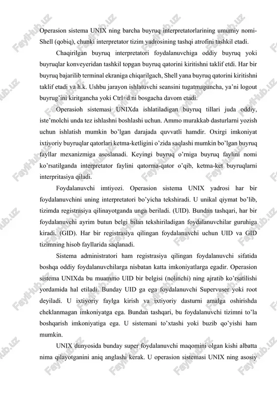 pparat platformalariga oson o’tkazish mumkin. (m: dec open vms va ms windows nt). ixtiyoriy bajarilayotgan dastur bir yoki bir necha ob’ekt fayllardan tuziladi. shuning uchun dastur tuzish si tilidagi tekstlarni saqlagan fayllarni yaratishdan boshlanadi. bu fayllar o’zgaruvchi yoki funksiya o’zgaruvchilarning global nomlari, shu jumladan, tashqi nomlarga ssilkalarni ham o’z ichiga saqlashi mumkin. tekst fayllarni unix muhitida qo’llanadigan tekst redaktorlaridan birining yordamida tuziladi. operasion sistema unix ning an’anaviy tekst redaktori vi bo’lib, uning boshlang’ich nashri bill djo tomonidan ishlab chiqilgan. bu redaktor ancha eski va deyarli barcha terminallarda ishlashi mumkin. unix kuchli operatsion tizim boʻlib, dastlab ken tompson, dennis ritchie tomonidan 1970-yilda at&t bell laboratoriyalarida ishlab chiqilgan. koʻp vazifalilik, moslashuvchanlik va boshqa koʻplab xususiyatlar tufayli u ilmiy, muhandislik va akademik muassasalar orasida keng tarqalgan. unix da fayl tizimi bu fayllar va kataloglarning ierarxik tuzilmasi bo'lib, unda foydalanuvchilar fayllar yordamida ma'lumotlarni saqlashi va olishi mumkin. unix tizimlari katta tarixiy ahamiyatga ega, chunki …
