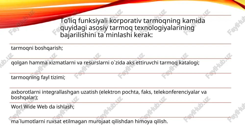 imlangan umumtarmoq resurslariga oddiy, qulay va ishonchli himoyalangan holda axborotdan jamoa bo`lib foydalanishni tashkil etish. shuningdek, foydalanuvchilar tarmoqlari o`rtasida ma`lumotlarni uzatishning qulay va ishonchli vositasini ta`minlash. umumiy axborotlash davrida katta hajmdagi axborotlar lokal va global komp’yuter tarmoqlarida saqlanadi, qayta ishlanadi va uzatiladi. lokal tarmoqlarda foydalanuvchilar ishlashi uchun ma`lumotlarning umumiy bazasi tashkil etiladi. global tarmoqlarda yagona ilmiy, iqtisodiy, ijtimoiy va madaniy axborot makoni shakllantiriladi komp’yuter tarmoqlarini ko`pgina belgilar, xususan hududiy ta`minlanishi jihatidan tasniflash mumkin. bunga ko`ra global, mintaqaviy va lokal (mahalliy) tarmoqlar farqlanadi. adabiyotlar ro'yxati 1. morozevich a.n., govyadinova n.n., levashenko v.t. va boshqalar informatika asoslari: darslik (a.n. morozevich tomonidan tahrirlangan) - 2-nashr, qayta ko'rib chiqilgan-m .: yangi bilim, 2003.-544 b. 2. v.p. kosarev kompyuter tizimlari va tarmoqlari: darslik (v.p. kosarev va l.v. eremin muharriri ostida) - m .: moliya va statistika, 1999-464 b. 3. eliseev v. ladyzhensky g. intranetga kirish. ma'lumotlar bazasini boshqarish tizimlari, № 5-6 / 96. 4. goncharov …