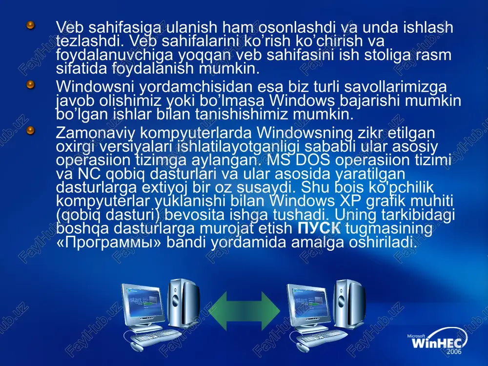 i-tuman vazifali ko’pchilik dasturli vositalar aynan cd da etkazib berilmoqda. ixcham disklarda xorijda keng qo’lamdagi qiymatlar bazasi, butun boshli kugubxonalar tashkil etilmoqda; cd da suratlar, ma’lumotnomalar, enciklopediyalar, umumiy ta’lim va maxsus fanlar bo’yicha ta’lim beruvchi va rivojlantiradigan dasturlar taqdim etilgan. 5/10/2024 4:04 pm © 2006 microsoft corporation. all rights reserved. microsoft, windows, windows vista and other product names are or may be registered trademarks and/or trademarks in the u.s. and/or other countries. the information herein is for informational purposes only and represents the current view of microsoft corporation as of the date of this presentation. because microsoft must respond to changing market conditions, it should not be interpreted to be a commitment on the part of microsoft, and microsoft cannot guarantee the accuracy of any information provided after the date of this presentation. microsoft makes no warranties, express, implied or statutory, as to the information in this presentation. 8 tovushli …