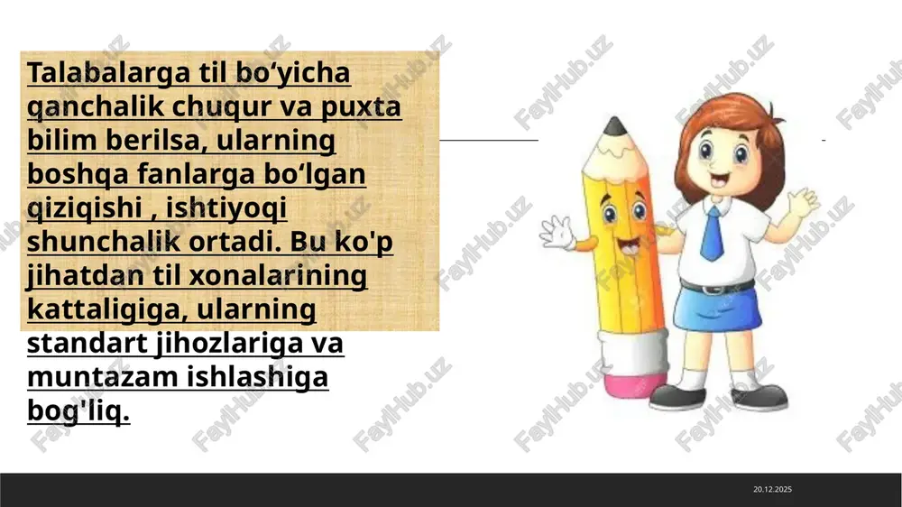 mazmunan birikishidir. masalan, “bahor. daraxtlar gulladi.” shaklidagi uchtagina so`zning mazmunan birikishidan tortib, butun boshli badiiy romanlar, yirik trilogiyalar ham matn sanaladi. har bir matn ma’lum bir narsa, voqea-hodisani tasvirlaydi, u haqda xabar beradi, so`zlovchining munosabatini ifodalaydi. 14.05.2024 matn o`z tuzilishiga ko`ra gap, murakkab sintaktik butunlik, xat boshi (abzats), bo`lim, qism, bob va paragraflardan tashkil topishi mumkin. o`quvchilaar tomonidan yaratilgan matnlar esa asosan gap, abzats va qismdan iborat bo`ladi. bu birliklar, albatta, matn hosil qilishda ishtirok etadi va uni shakllantirishda muhim ahamiyatga ega bo`ladi. boshlang`ich sinf ta’limida matnning tasvir, rivoya va muhokama kabi bayon usullaridan ko`proq foydalanadi 14.05.2024 aslida esa matn (arabcha–yelka) nutqning yozuvdagi ifodasini bildiradi. yozuvda yoki bosma holda shakllantirilgan mualliflik asari yoki hujjat, bosma nashrning rasm, chizma va izohlarsiz asosiy qismiga nisbatan ushbu tushuncha qo`llanadi. shunday ekan, avvalo, boshlang`ich sinf o`qish kitoblarida darj etilgan barcha turdagi ijod namunalari, adabiy-badiiy asarlar matn deb yuritilishi mumkinmi, degan fikr ham paydo bo`ladi. …